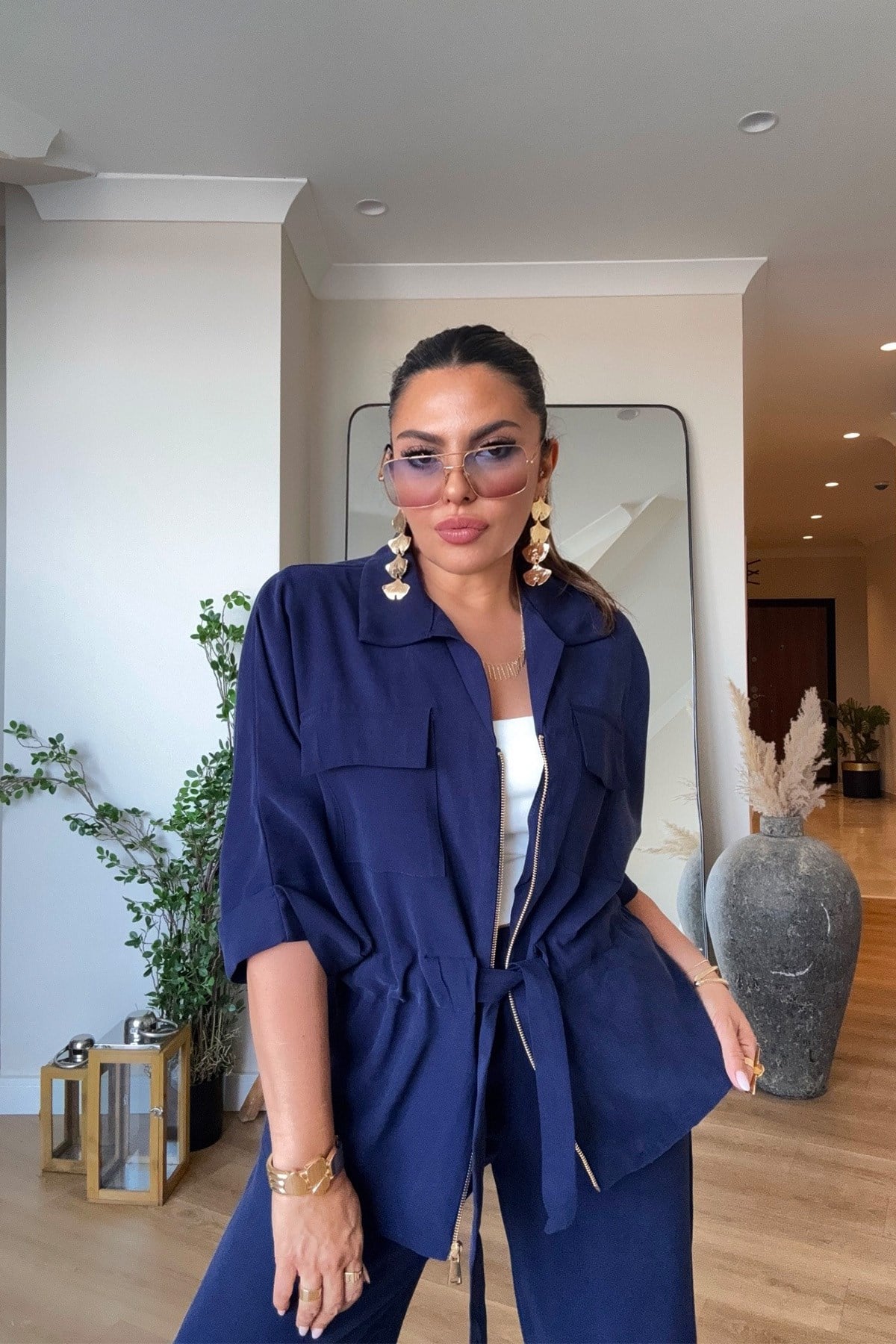 Tencel Kumaş Fermuarlı Takım Lacivert