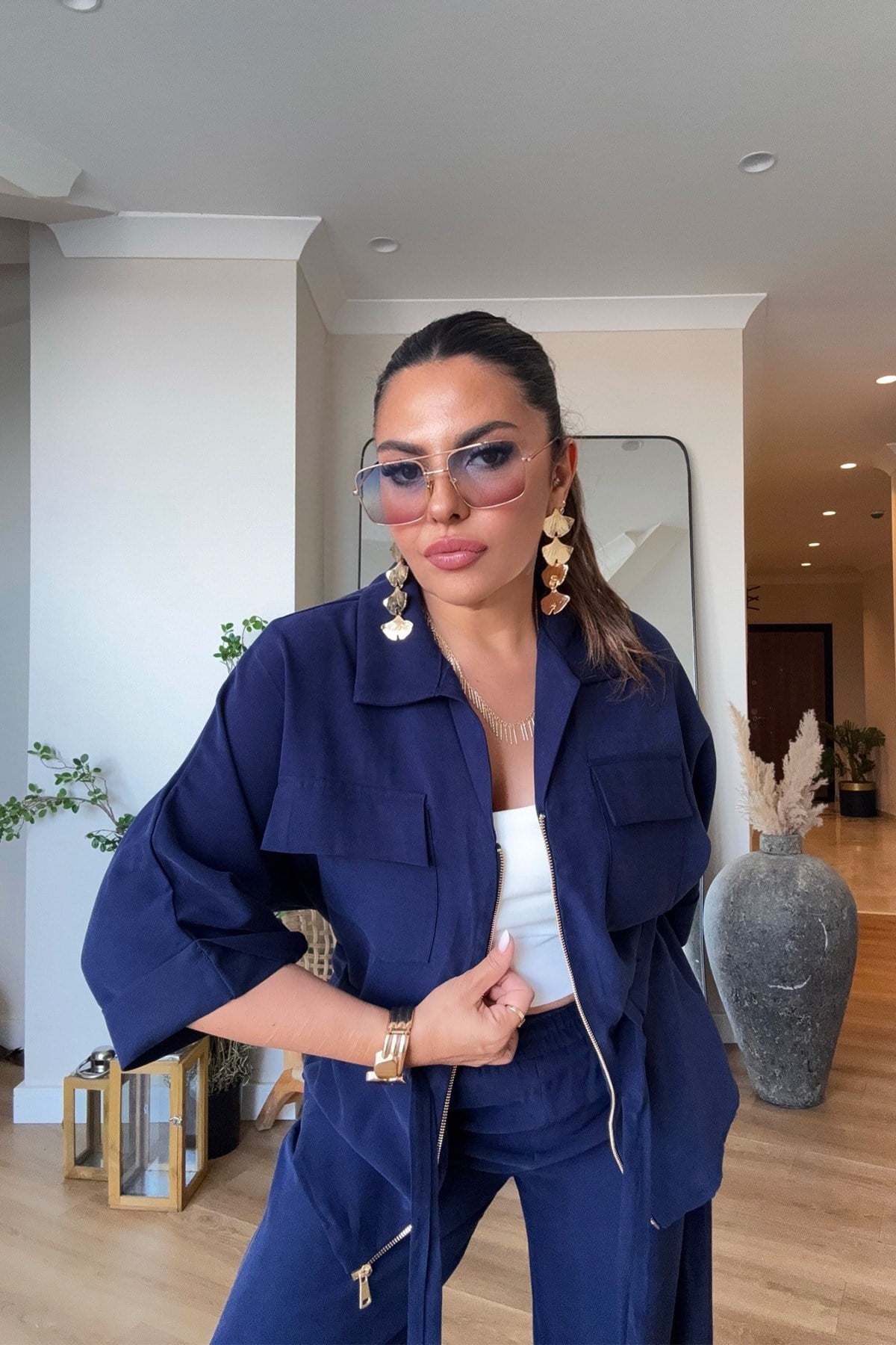 Tencel Kumaş Fermuarlı Takım Lacivert