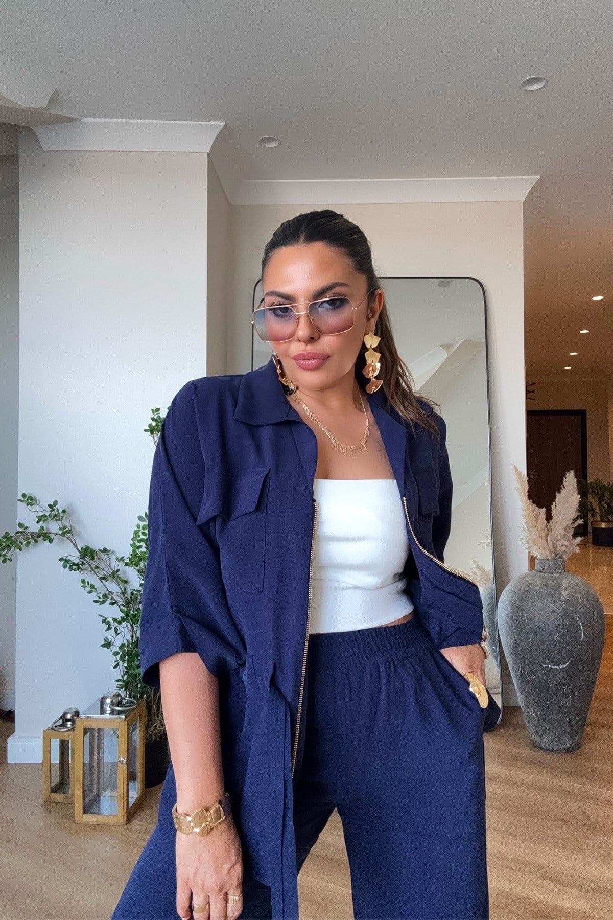 Tencel Kumaş Fermuarlı Takım Lacivert