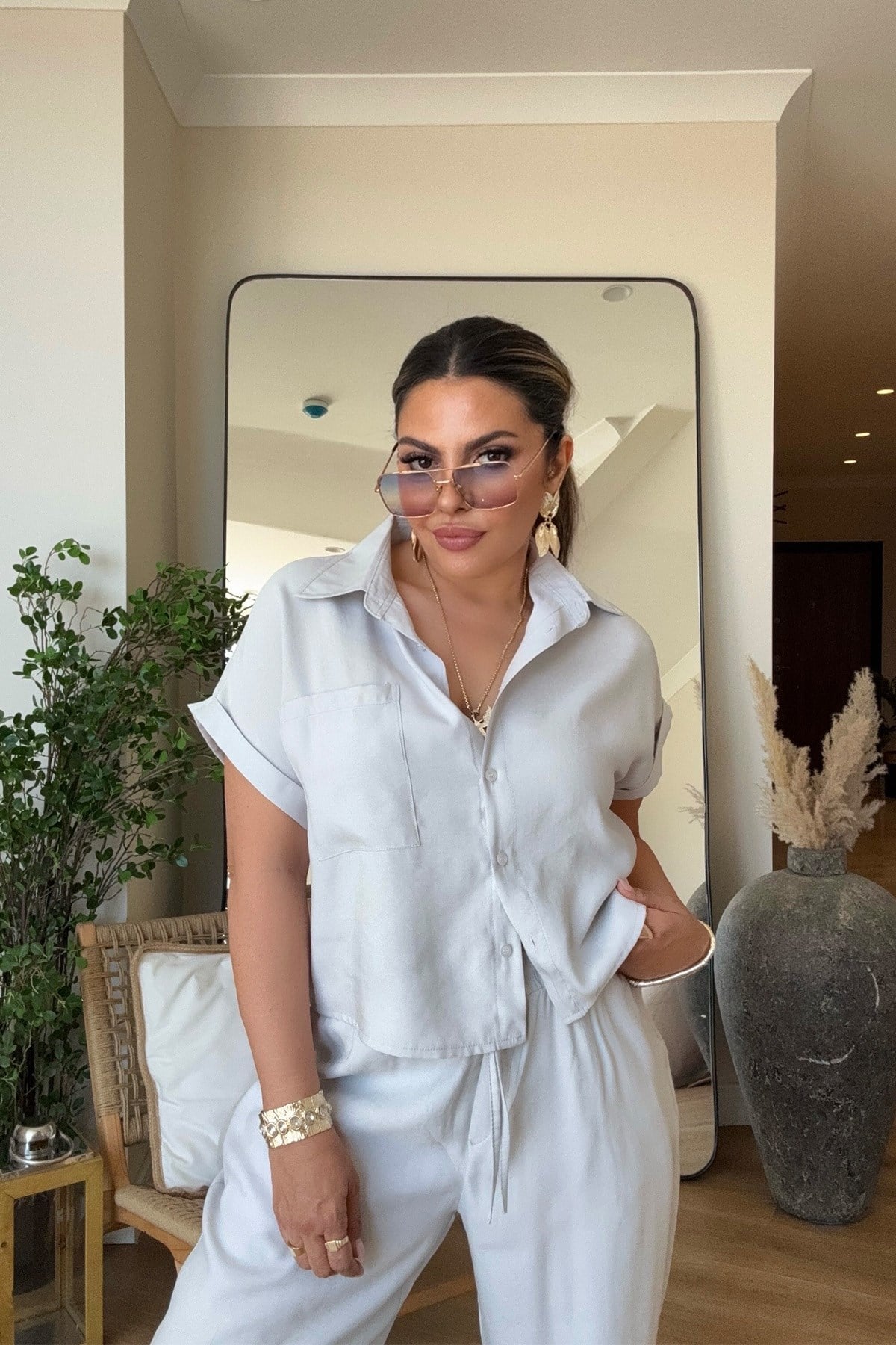 Tencel Kumaş Kısa Kollu Takım Açık Gri