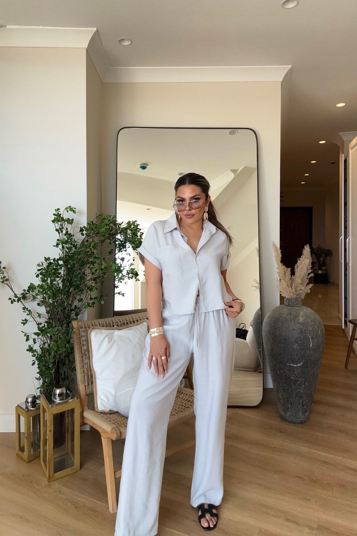 Tencel Kumaş Kısa Kollu Takım Açık Gri