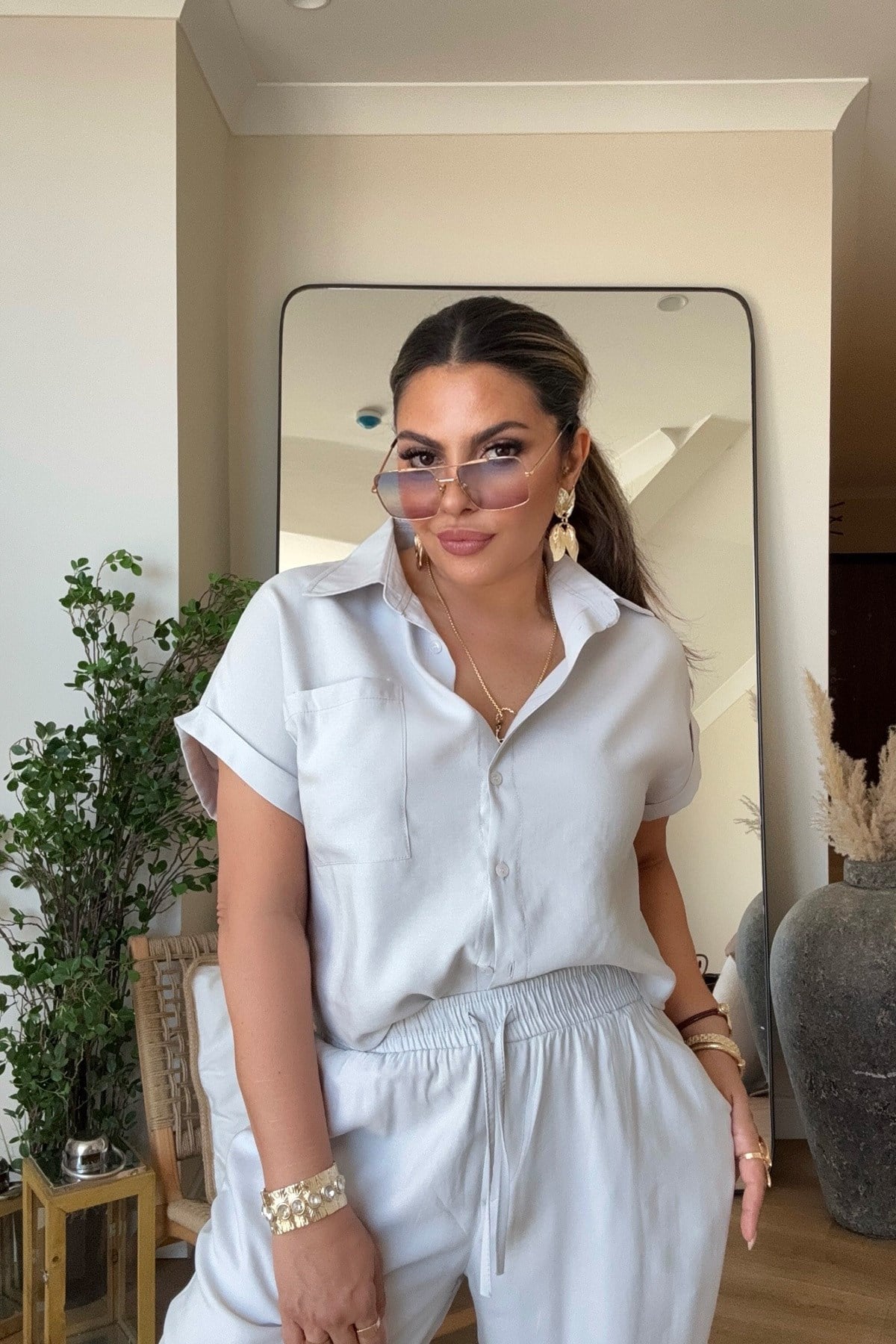 Tencel Kumaş Kısa Kollu Takım Açık Gri