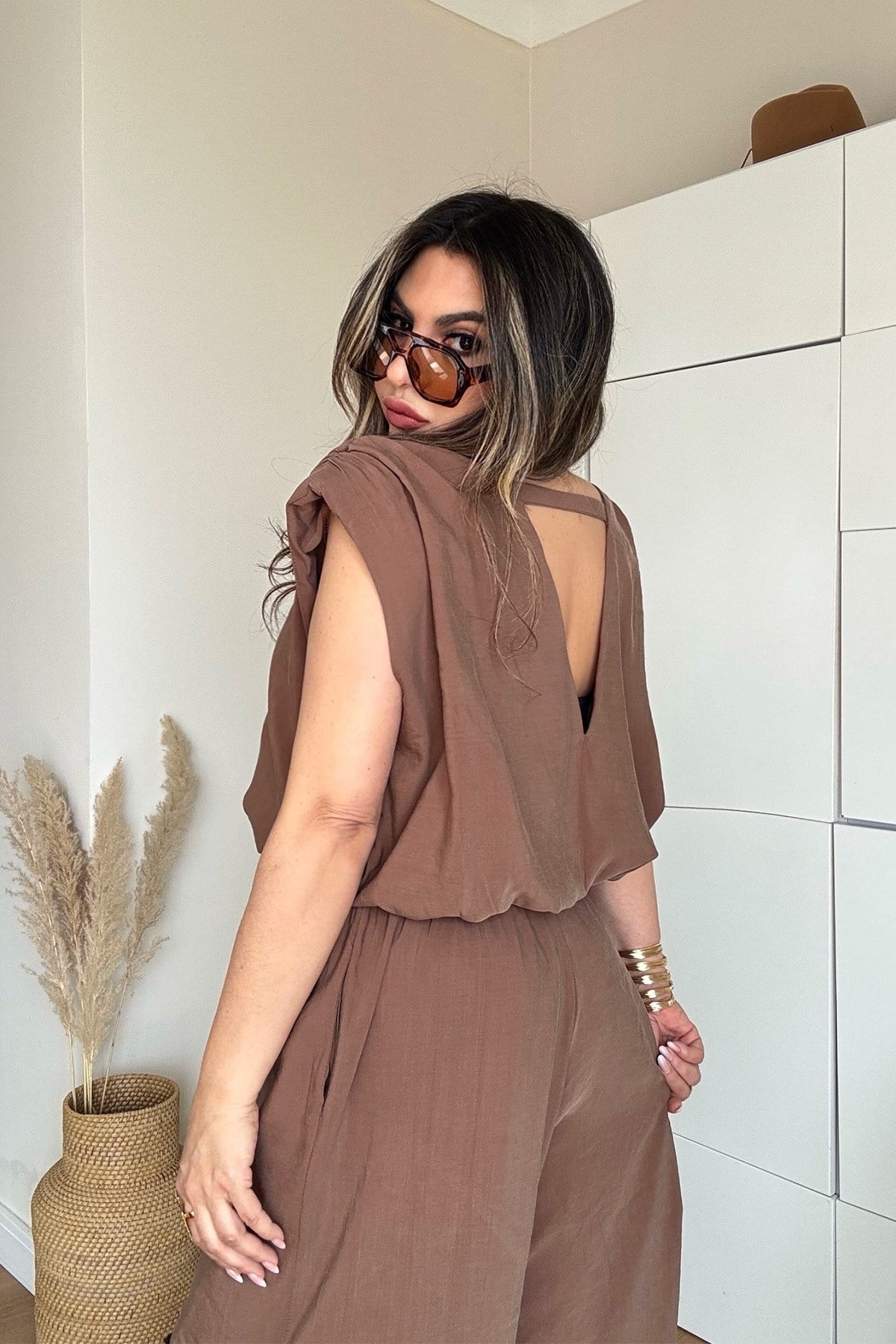 Tencel Kumaş Sırt V Yaka Lastikli Takım Mocha Mousse