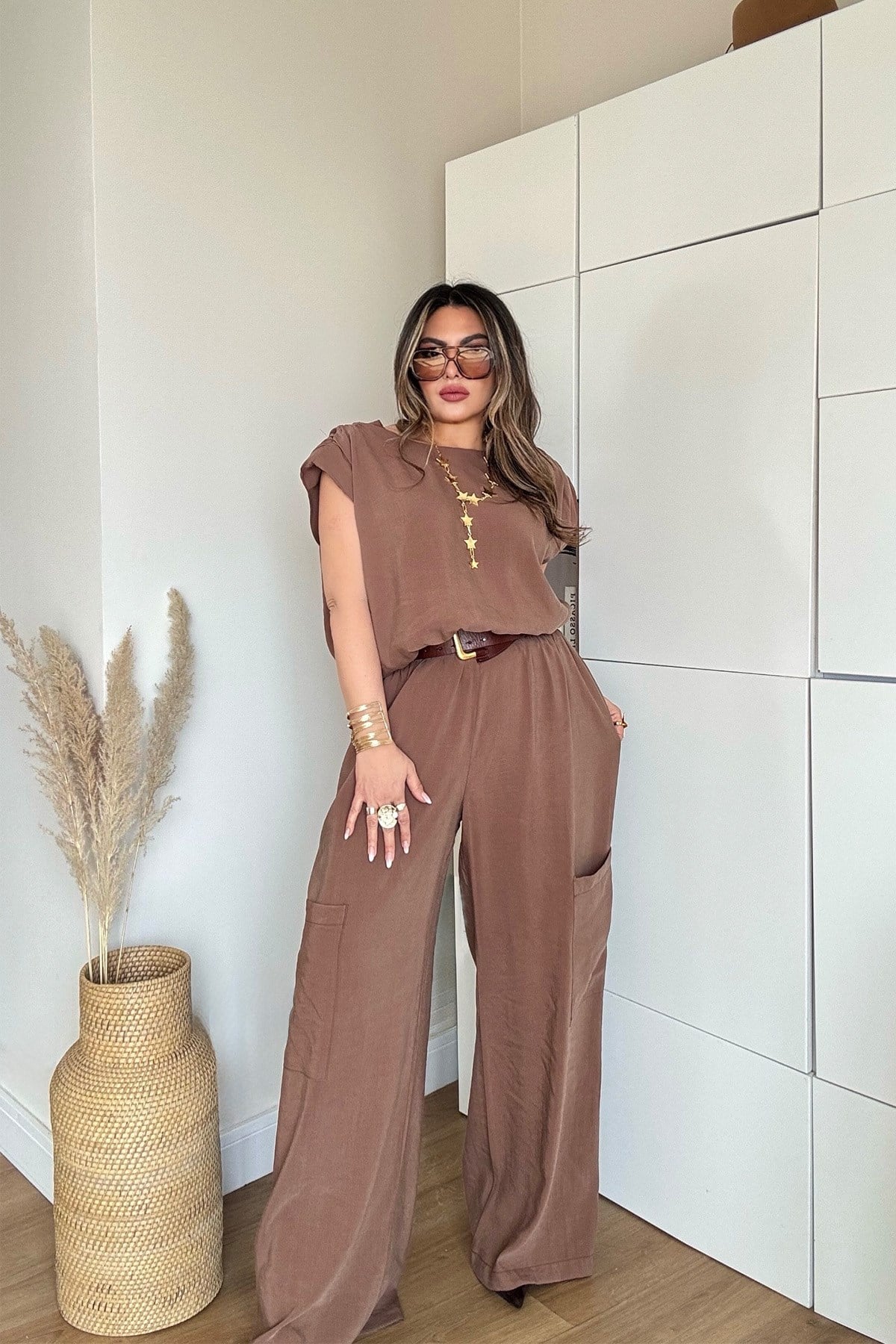 Tencel Kumaş Sırt V Yaka Lastikli Takım Mocha Mousse