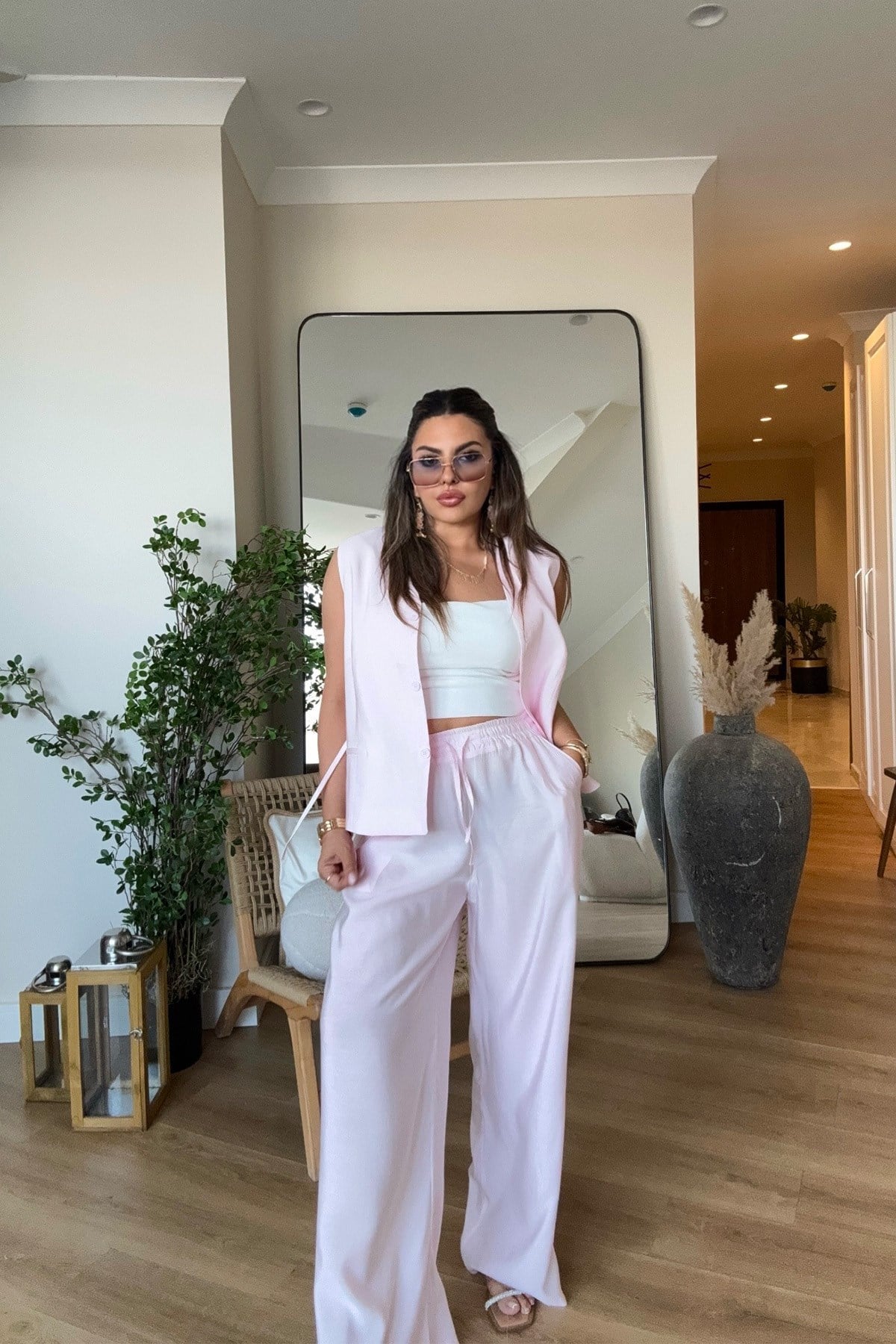 Tencel Kumaş Yelekli Takım Pembe