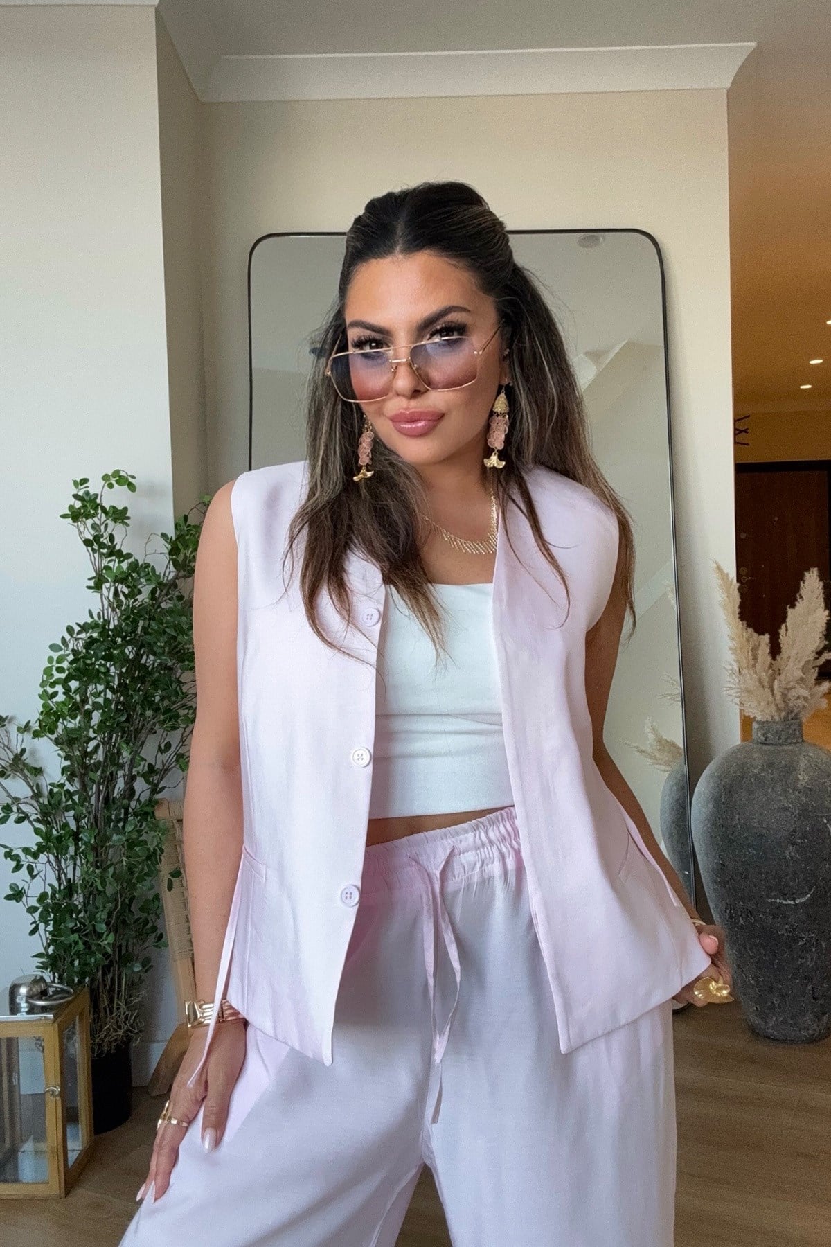 Tencel Kumaş Yelekli Takım Pembe