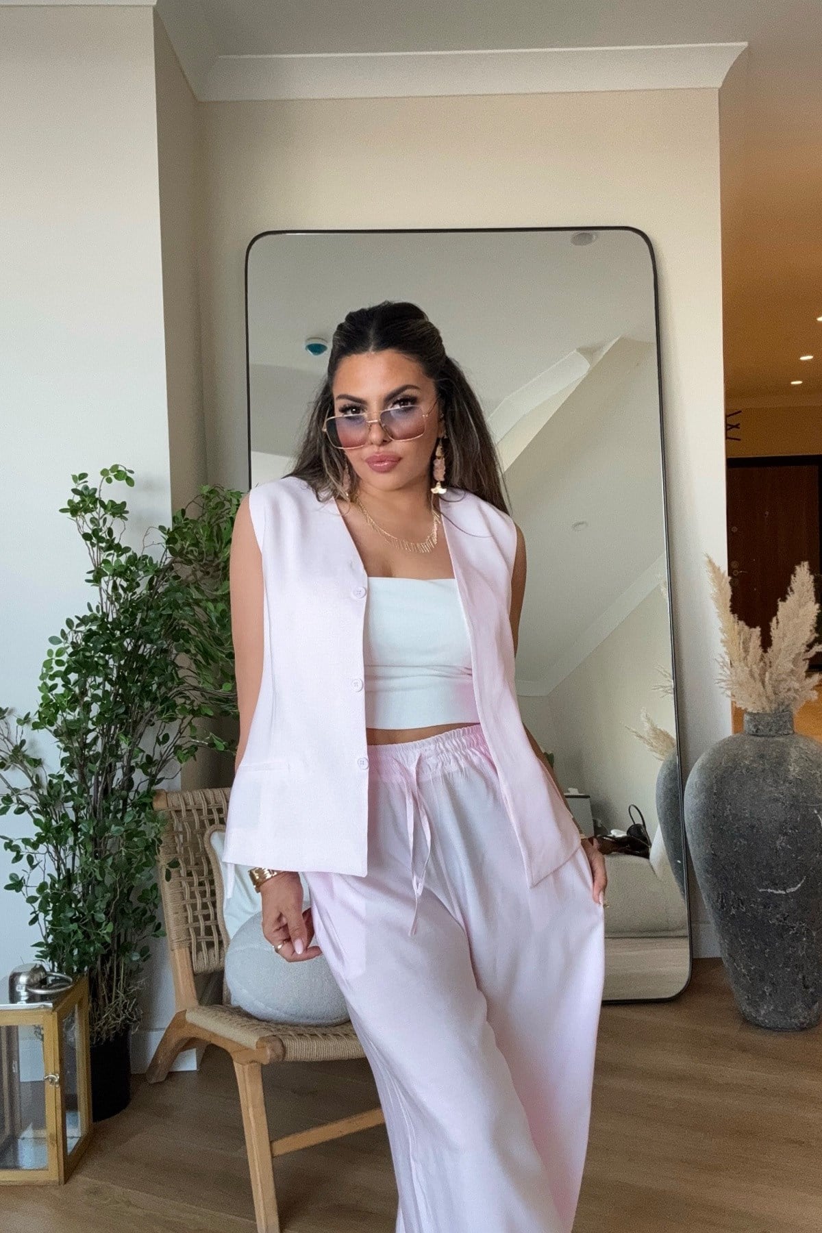 Tencel Kumaş Yelekli Takım Pembe