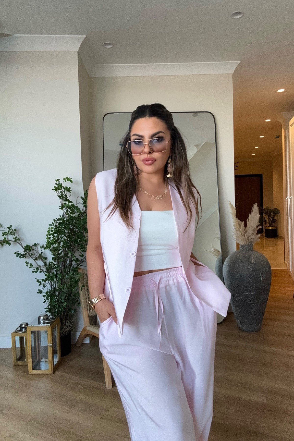 Tencel Kumaş Yelekli Takım Pembe
