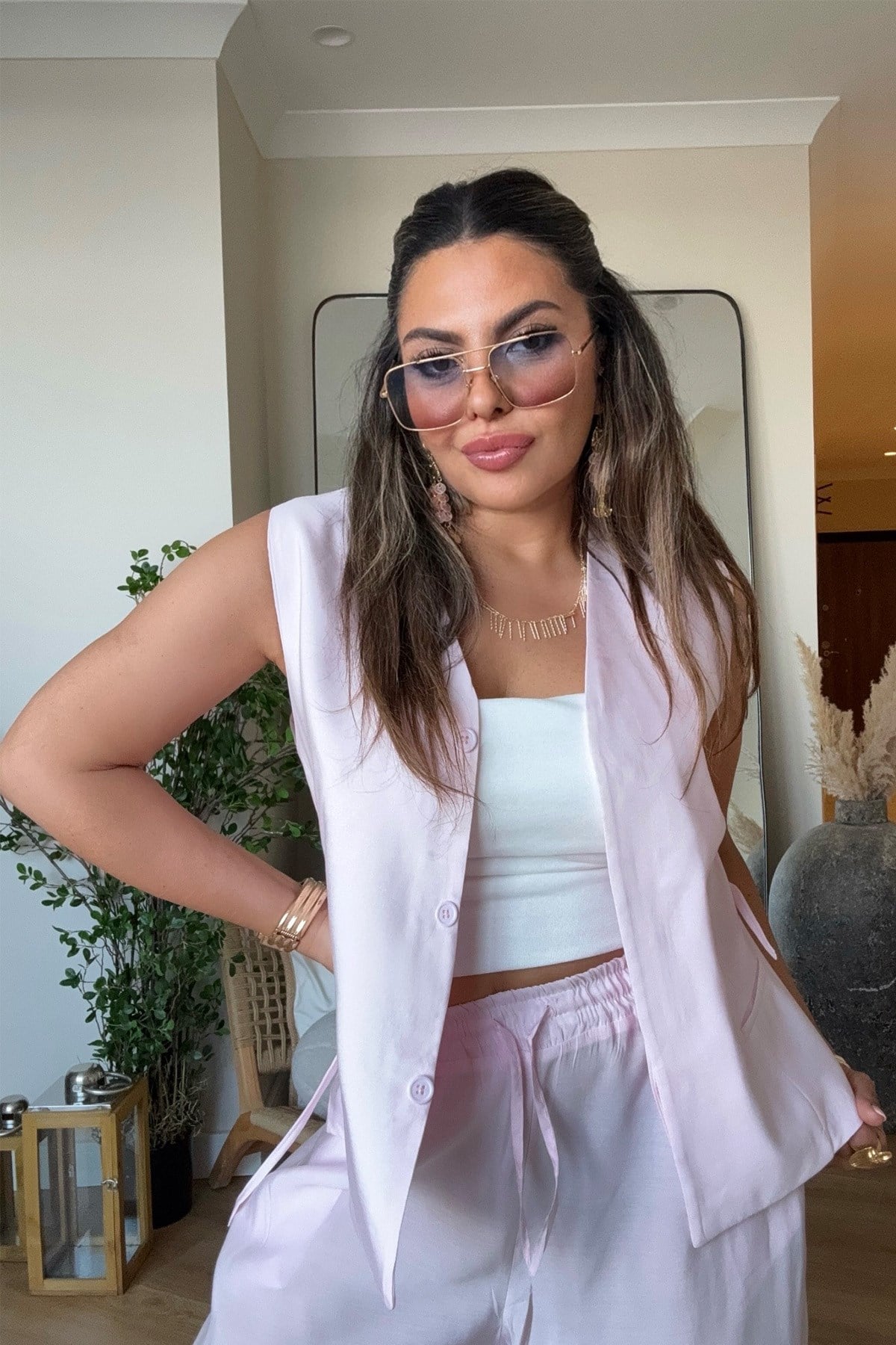 Tencel Kumaş Yelekli Takım Pembe