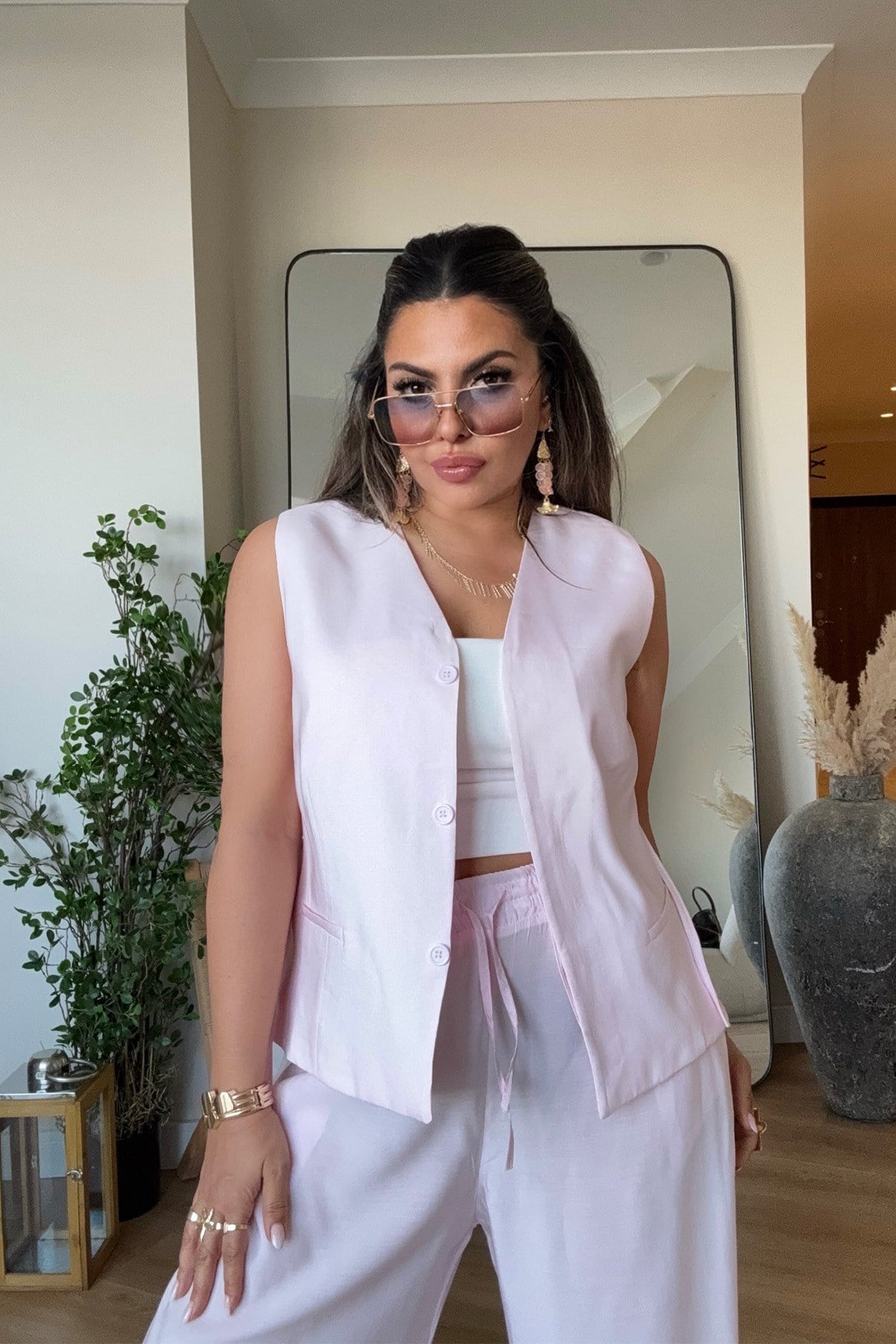 Tencel Kumaş Yelekli Takım Pembe