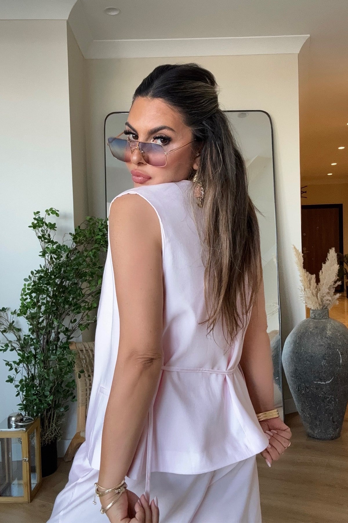 Tencel Kumaş Yelekli Takım Pembe