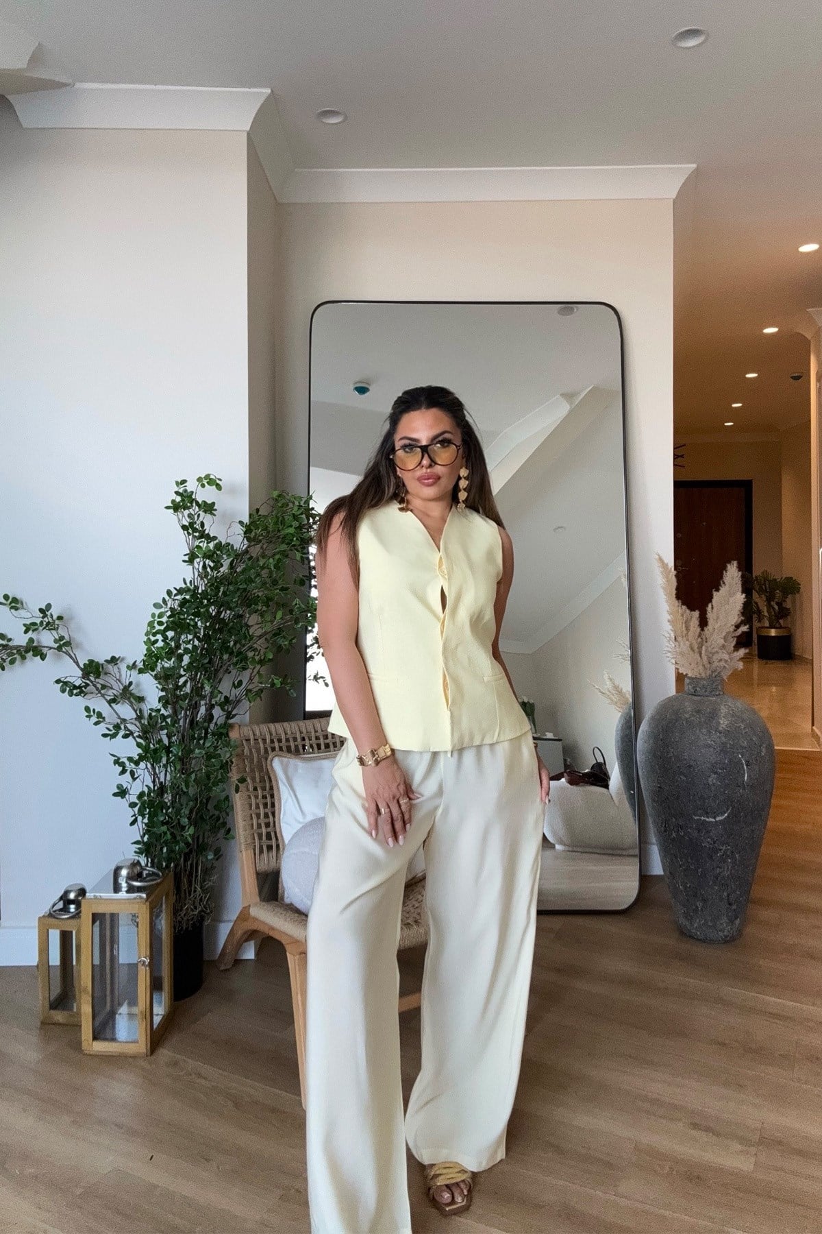 Tencel Kumaş Yelekli Takım Sarı