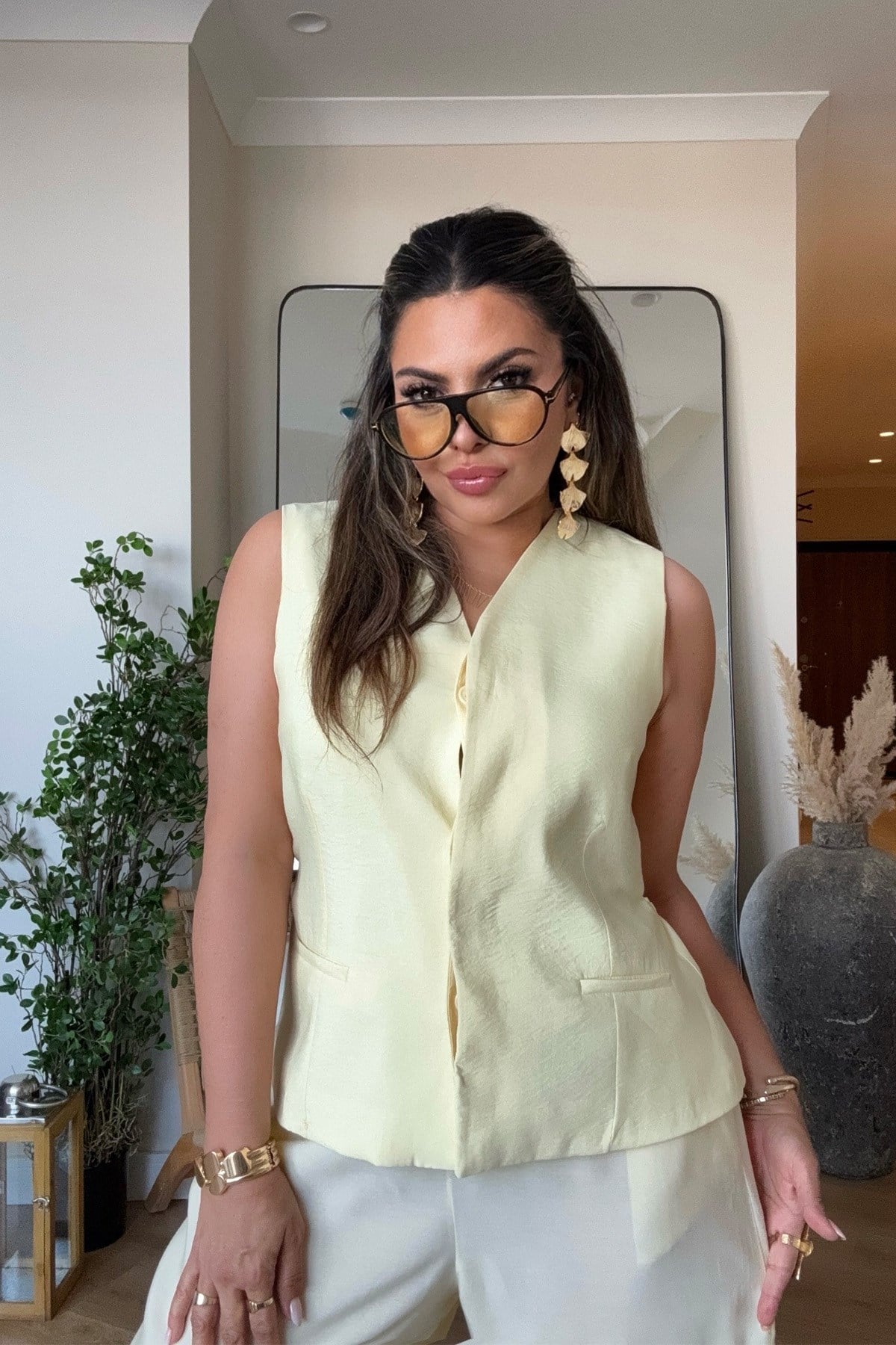 Tencel Kumaş Yelekli Takım Sarı