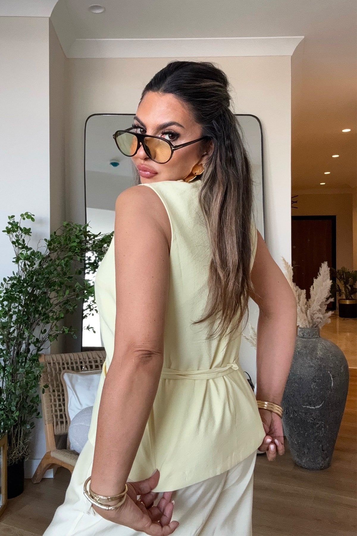 Tencel Kumaş Yelekli Takım Sarı