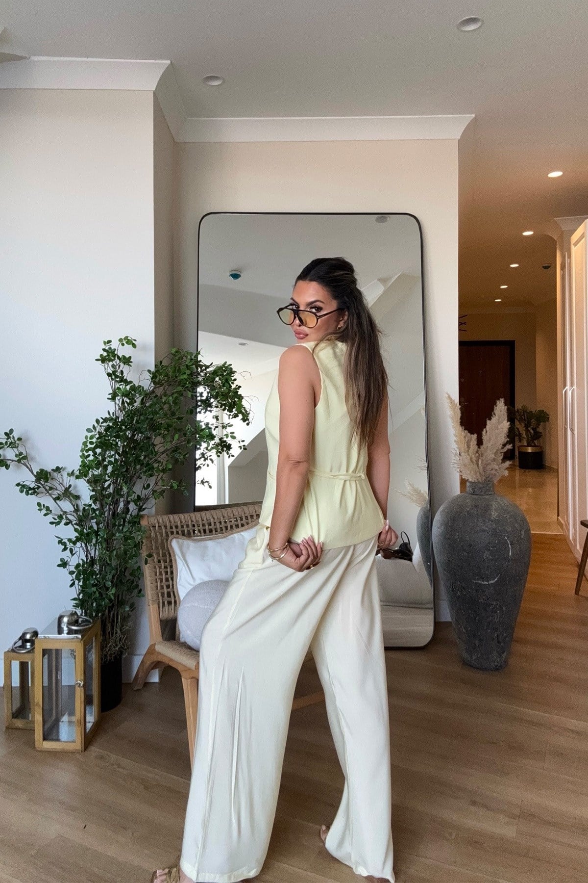 Tencel Kumaş Yelekli Takım Sarı