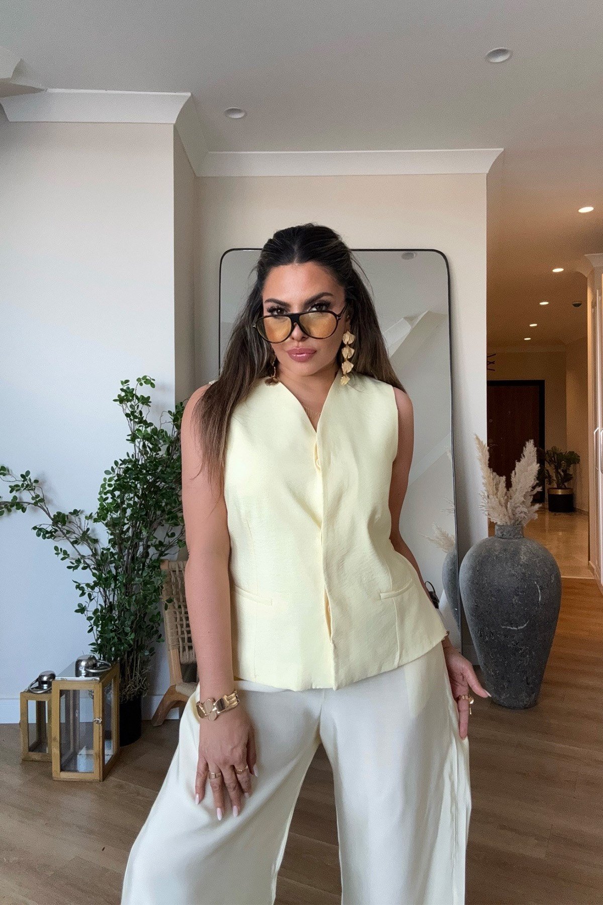 Tencel Kumaş Yelekli Takım Sarı