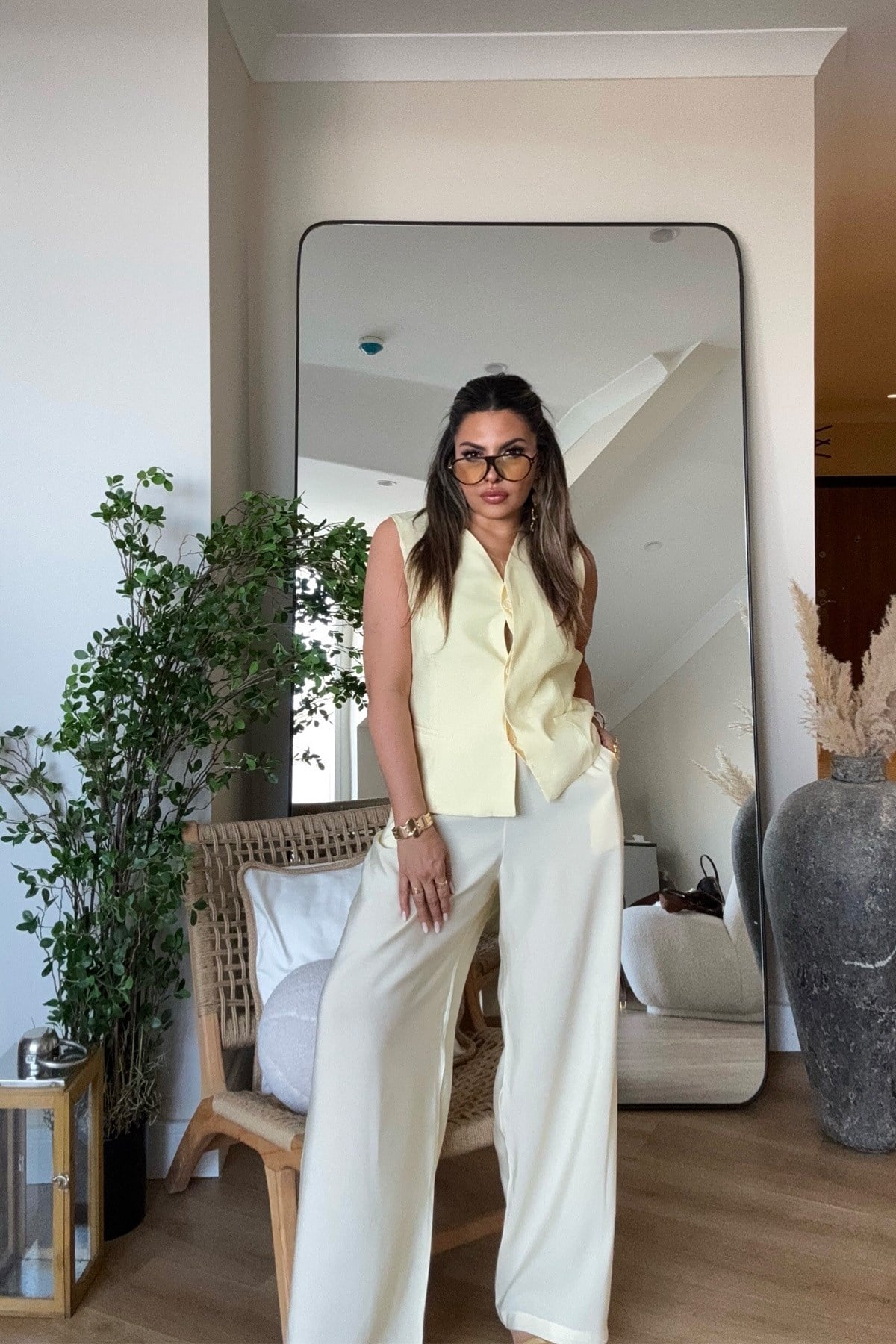 Tencel Kumaş Yelekli Takım Sarı