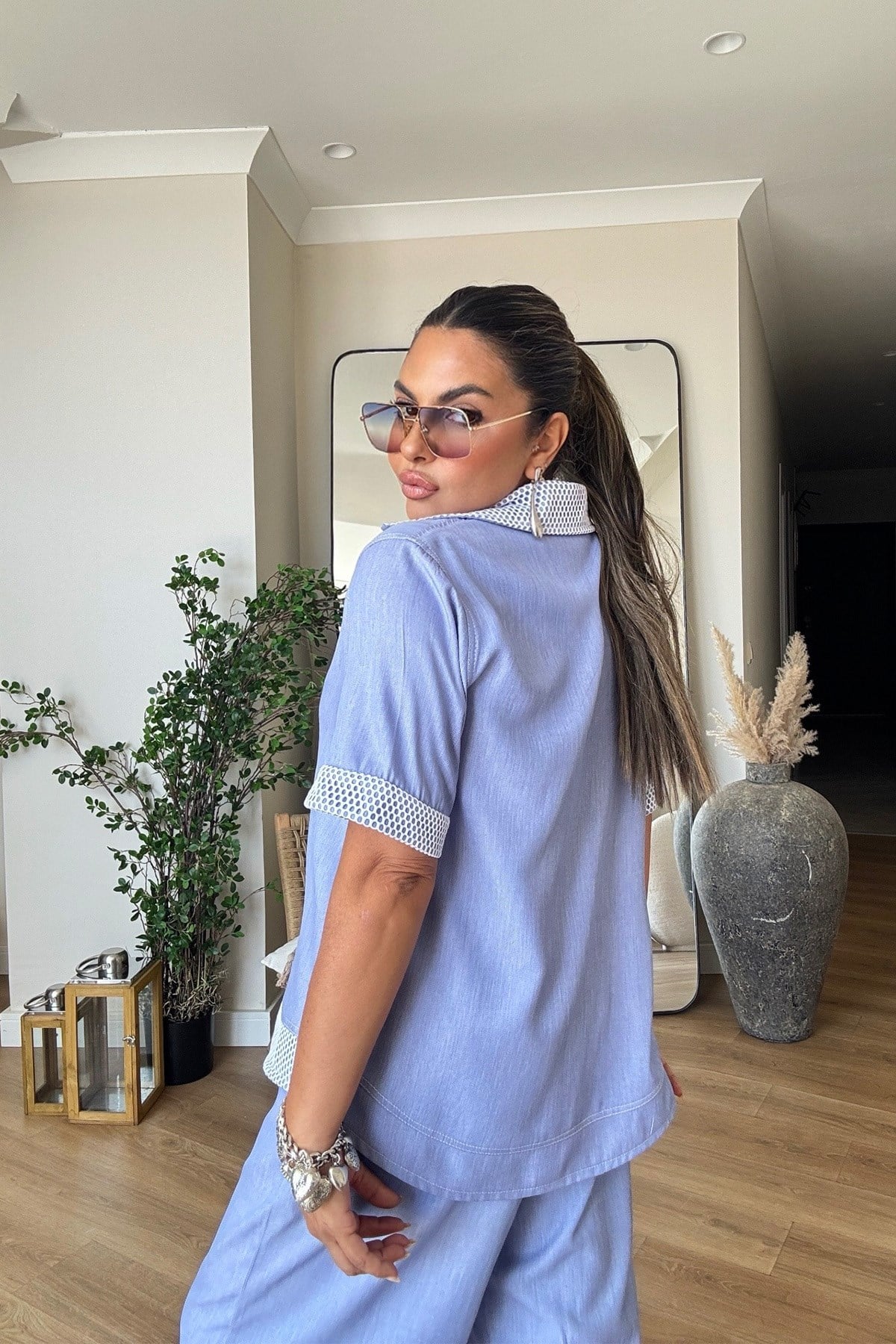 Tensel Denim Efekt File Garnili Takım Mavi
