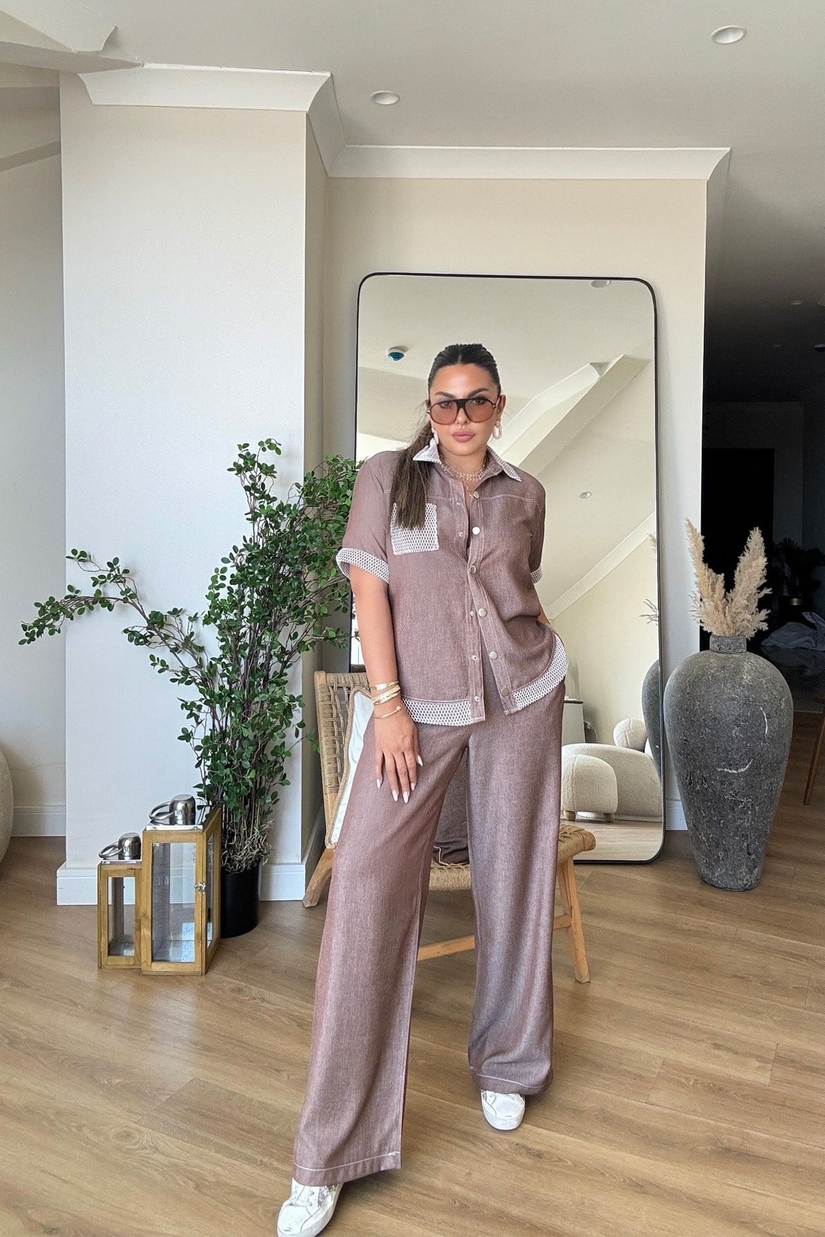 Tensel Denim Efekt File Garnili Takım Kahve