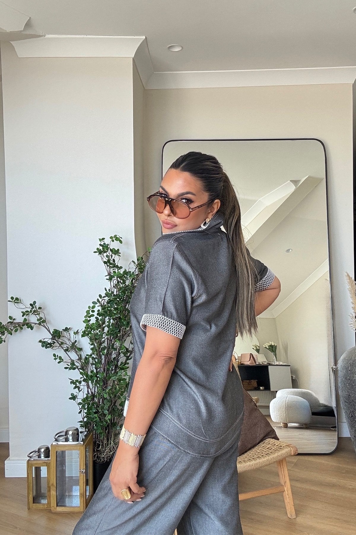 Tensel Denim Efekt File Garnili Takım Füme