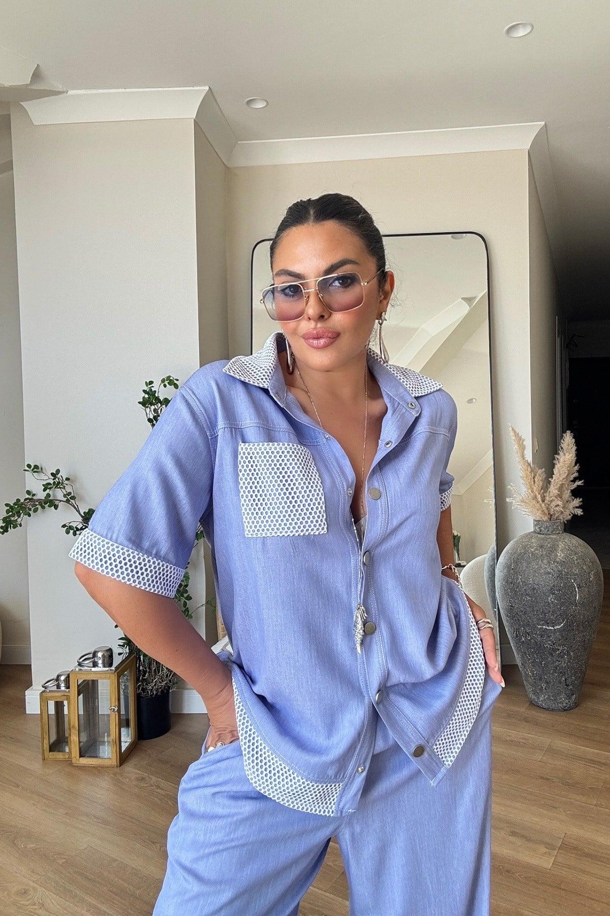 Tensel Denim Efekt File Garnili Takım Mavi
