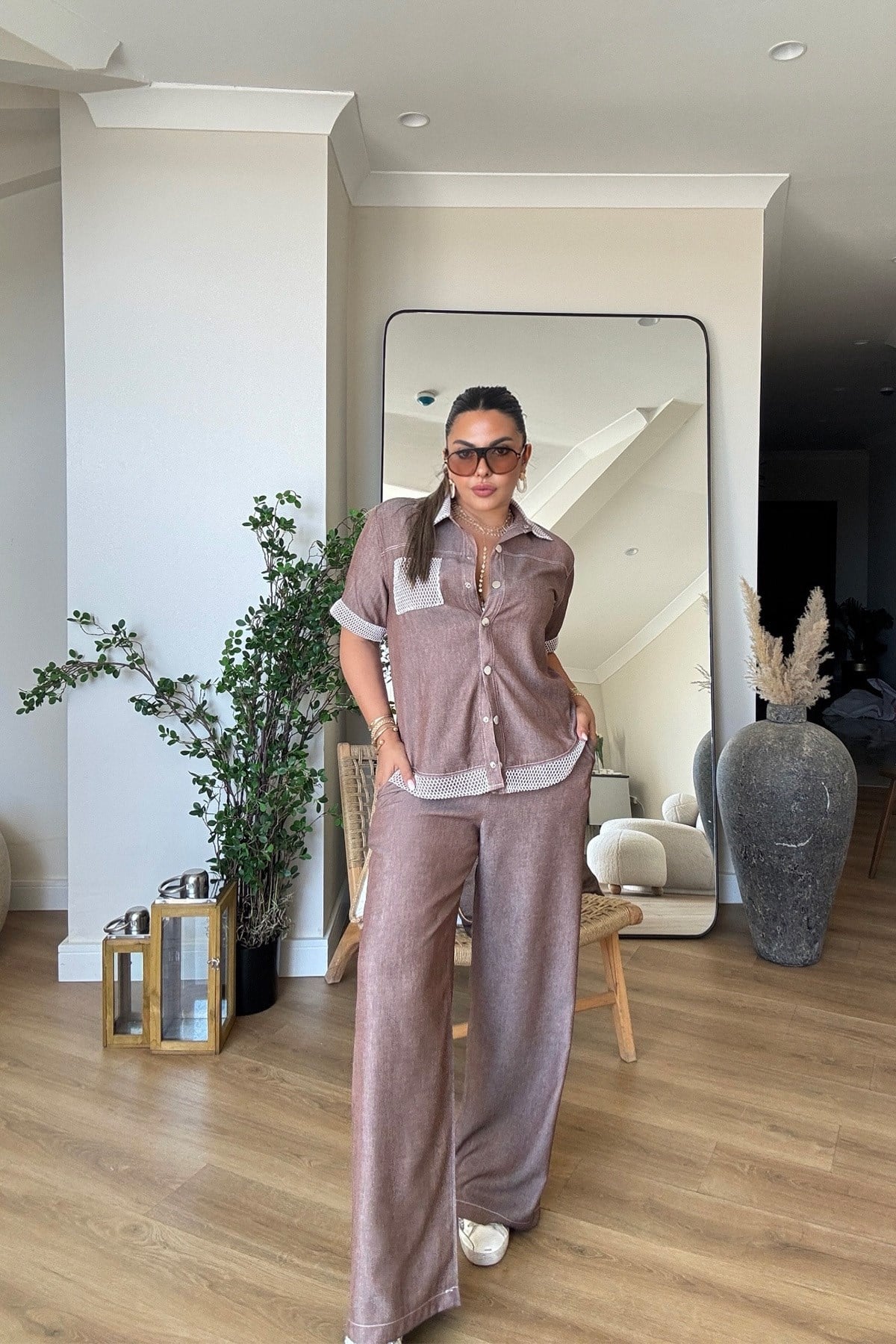 Tensel Denim Efekt File Garnili Takım Kahve