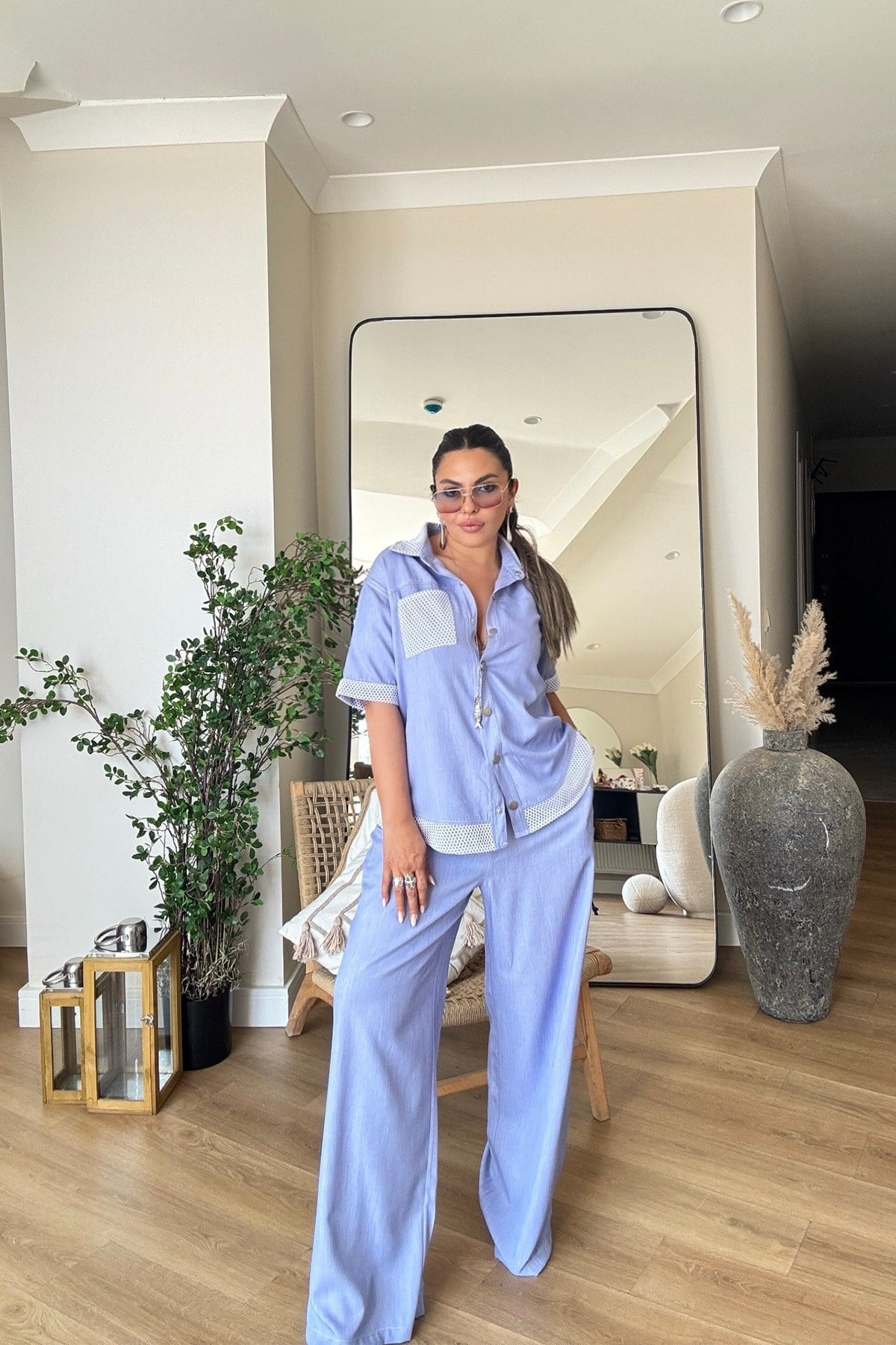 Tensel Denim Efekt File Garnili Takım Mavi