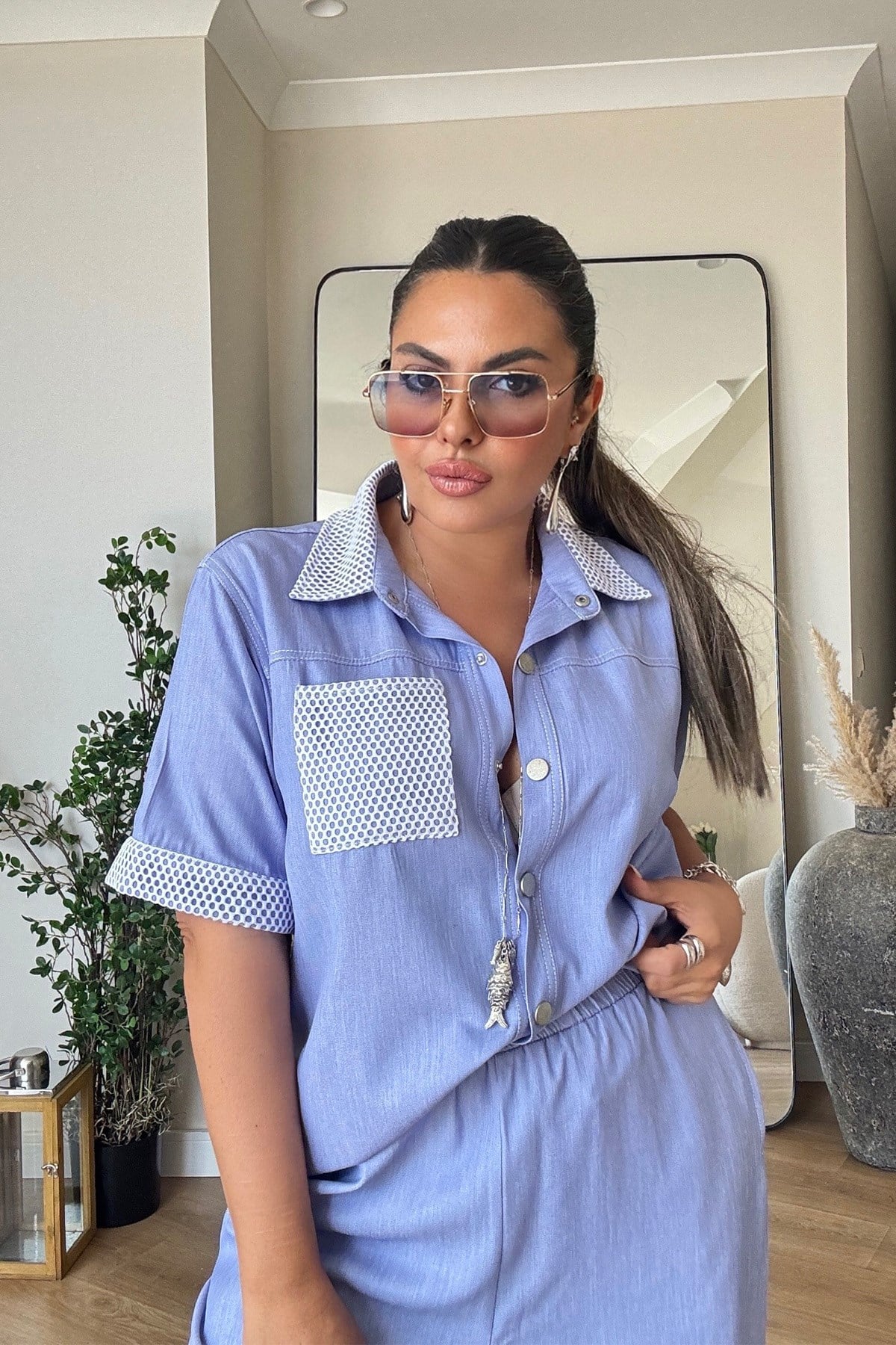 Tensel Denim Efekt File Garnili Takım Mavi