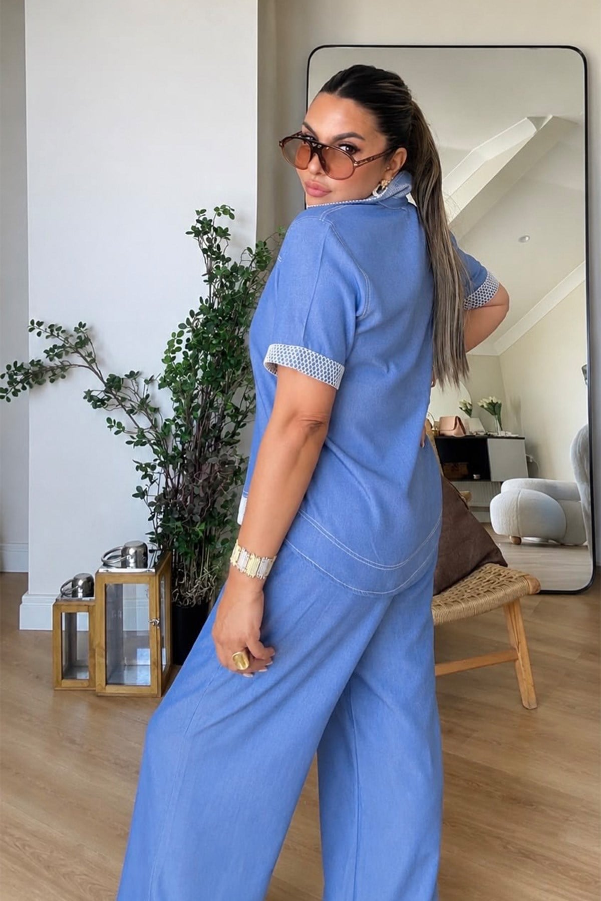 Tensel Denim Efekt File Garnili Takım Mavi
