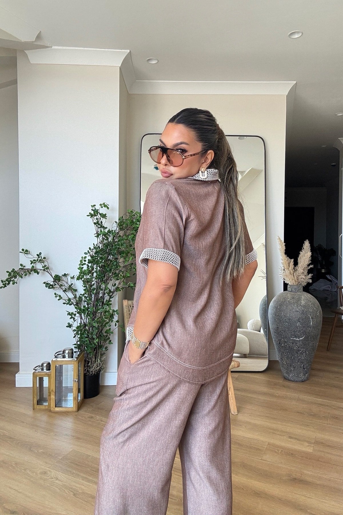 Tensel Denim Efekt File Garnili Takım Kahve