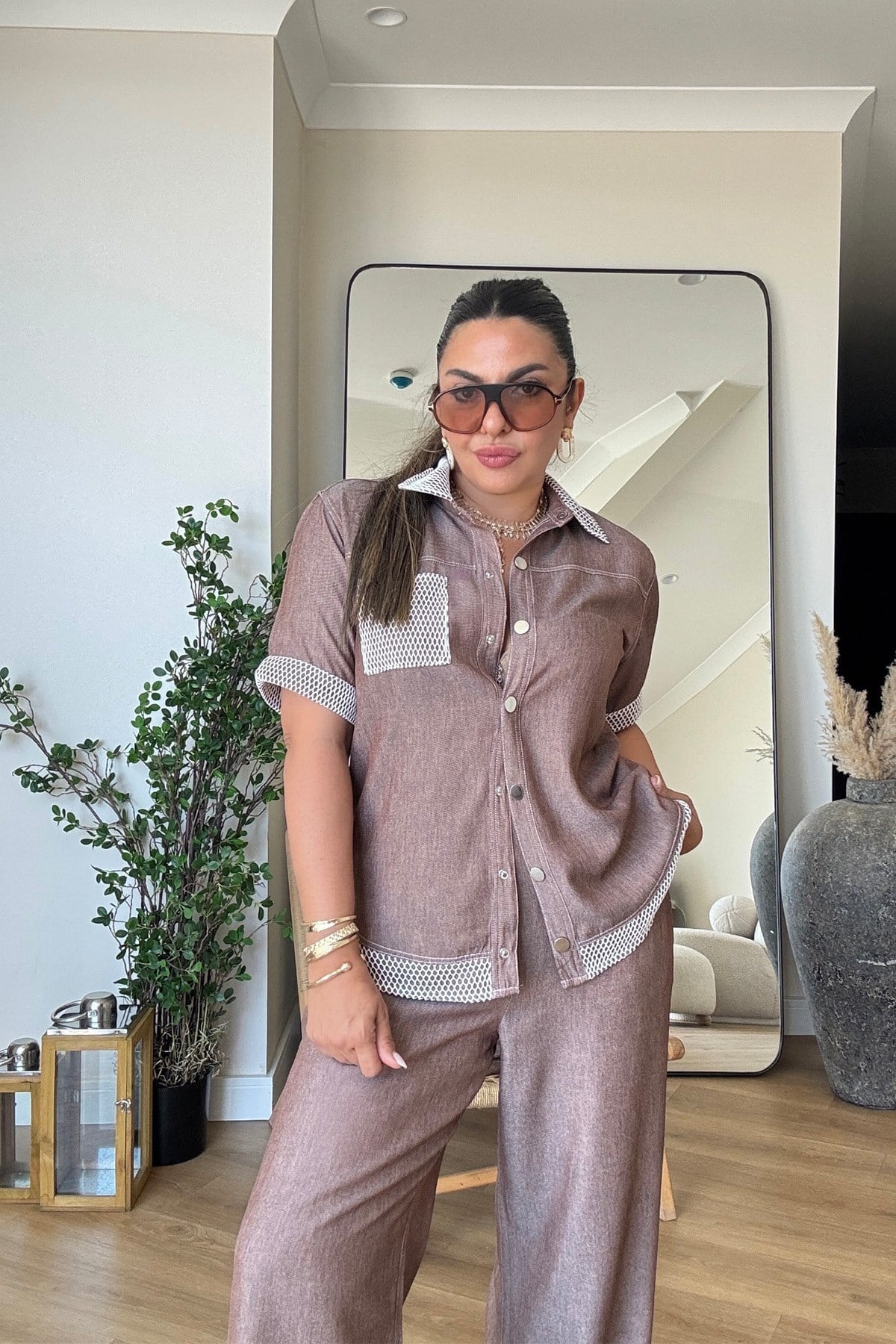 Tensel Denim Efekt File Garnili Takım Kahve