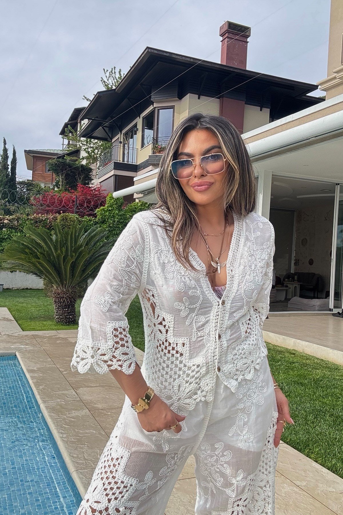 Tığ İşi Detaylı Pantolon Takım Ekru