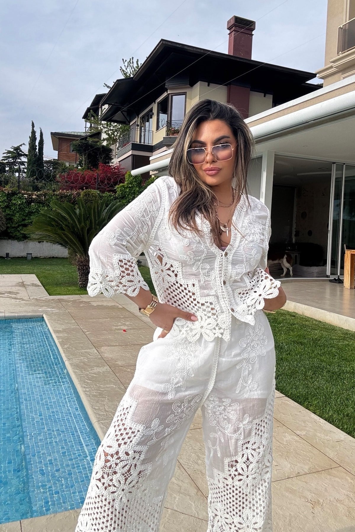 Tığ İşi Detaylı Pantolon Takım Ekru