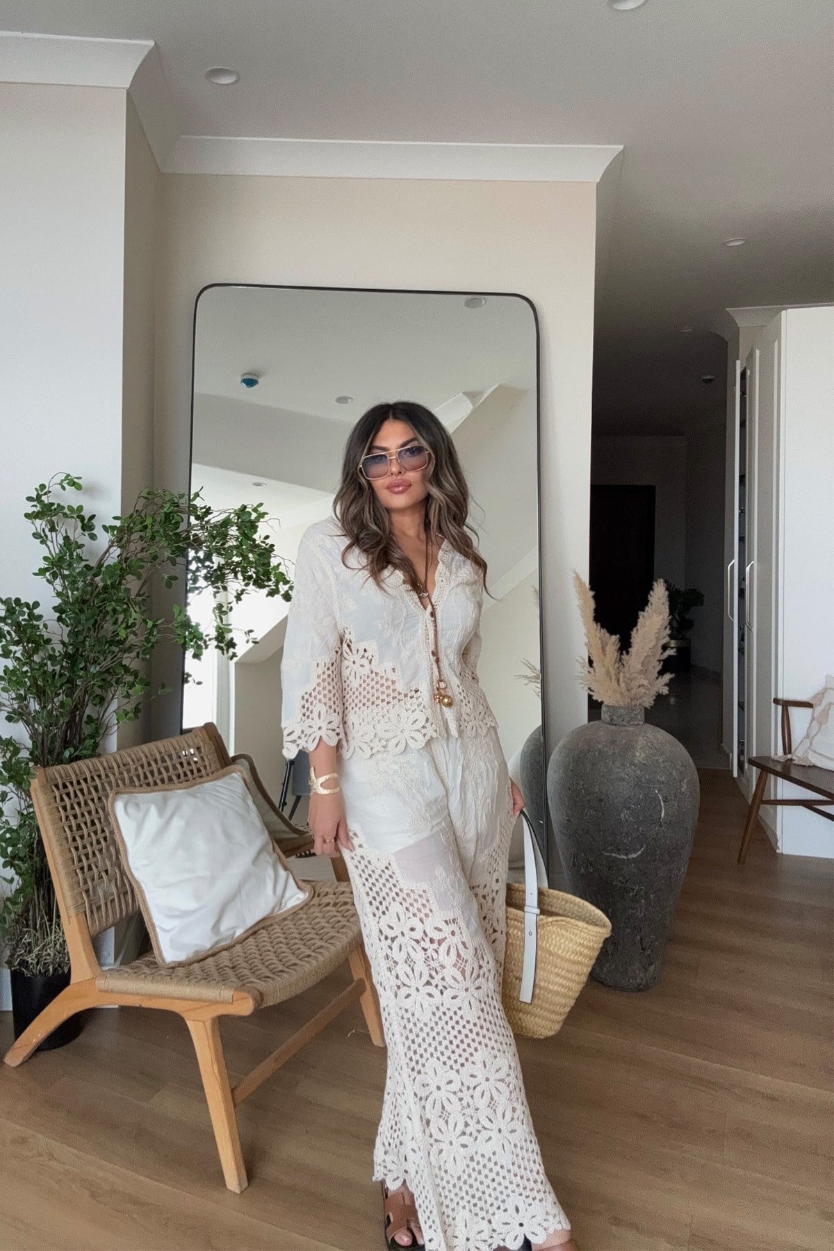 Tığ İşi Detaylı Pantolon Takım Taş
