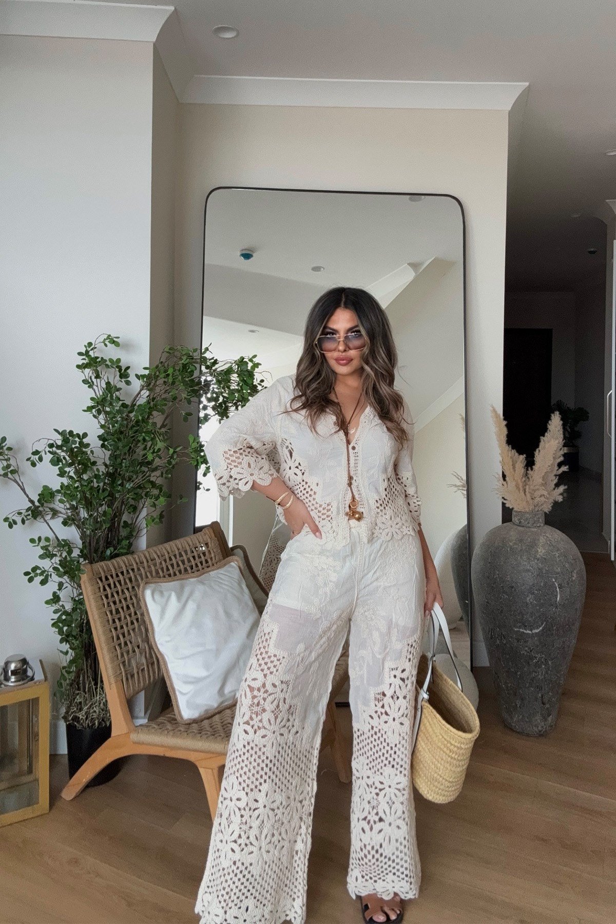 Tığ İşi Detaylı Pantolon Takım Taş