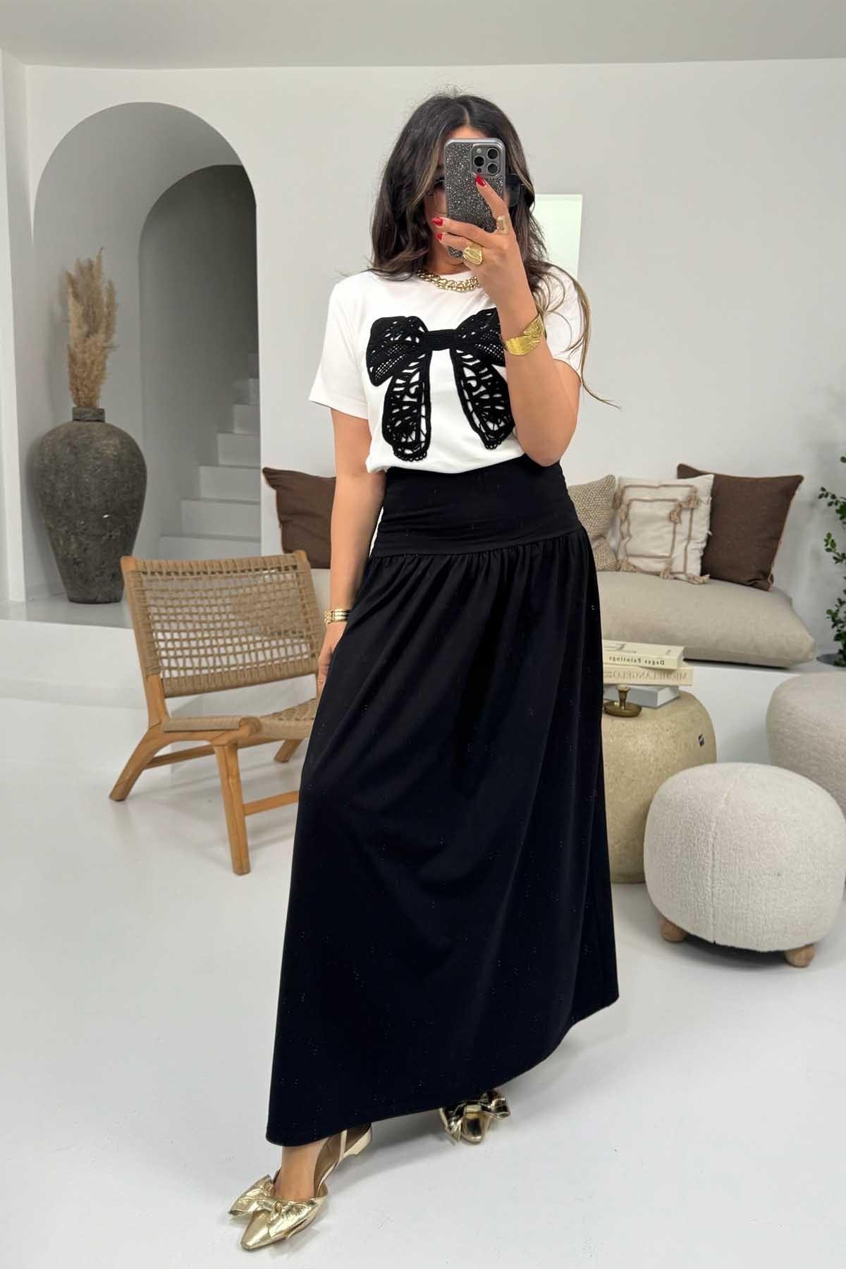 Tığ İşi Fiyonk Aplikeli Modal Tshirt Ekru-Siyah