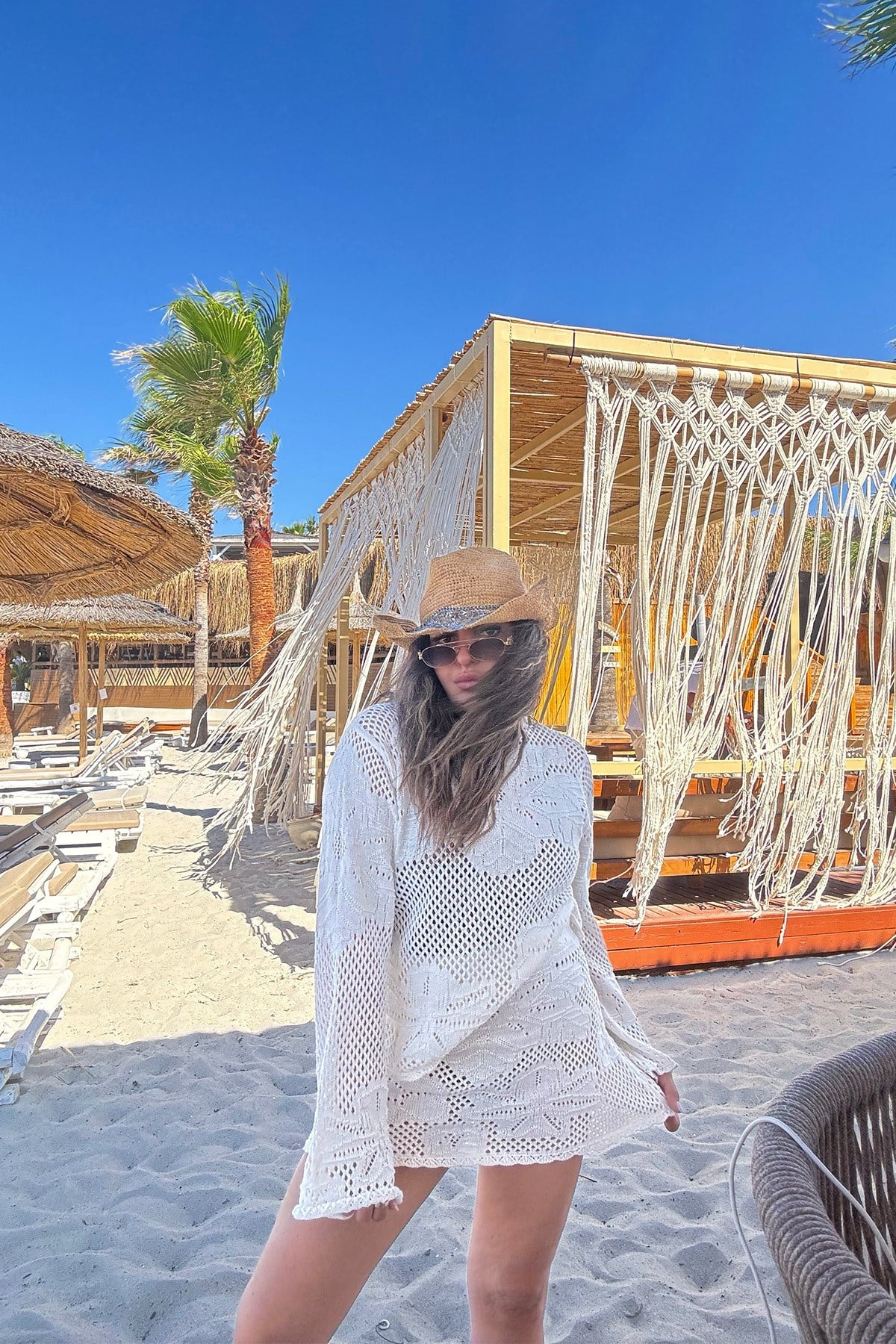 Triko Delikli Örme Etekli Takım Ekru