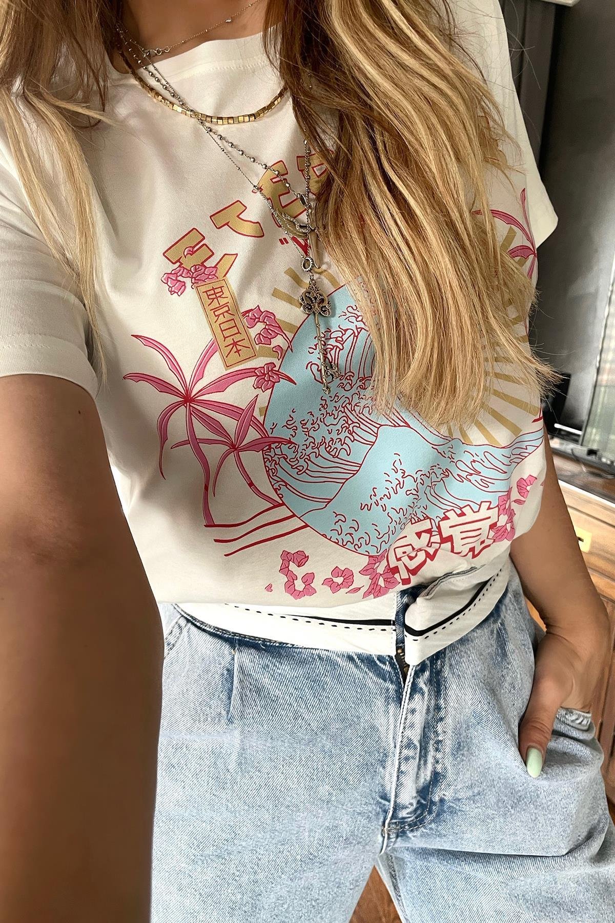 Tropical Dalga Desen Tshirt Ekru