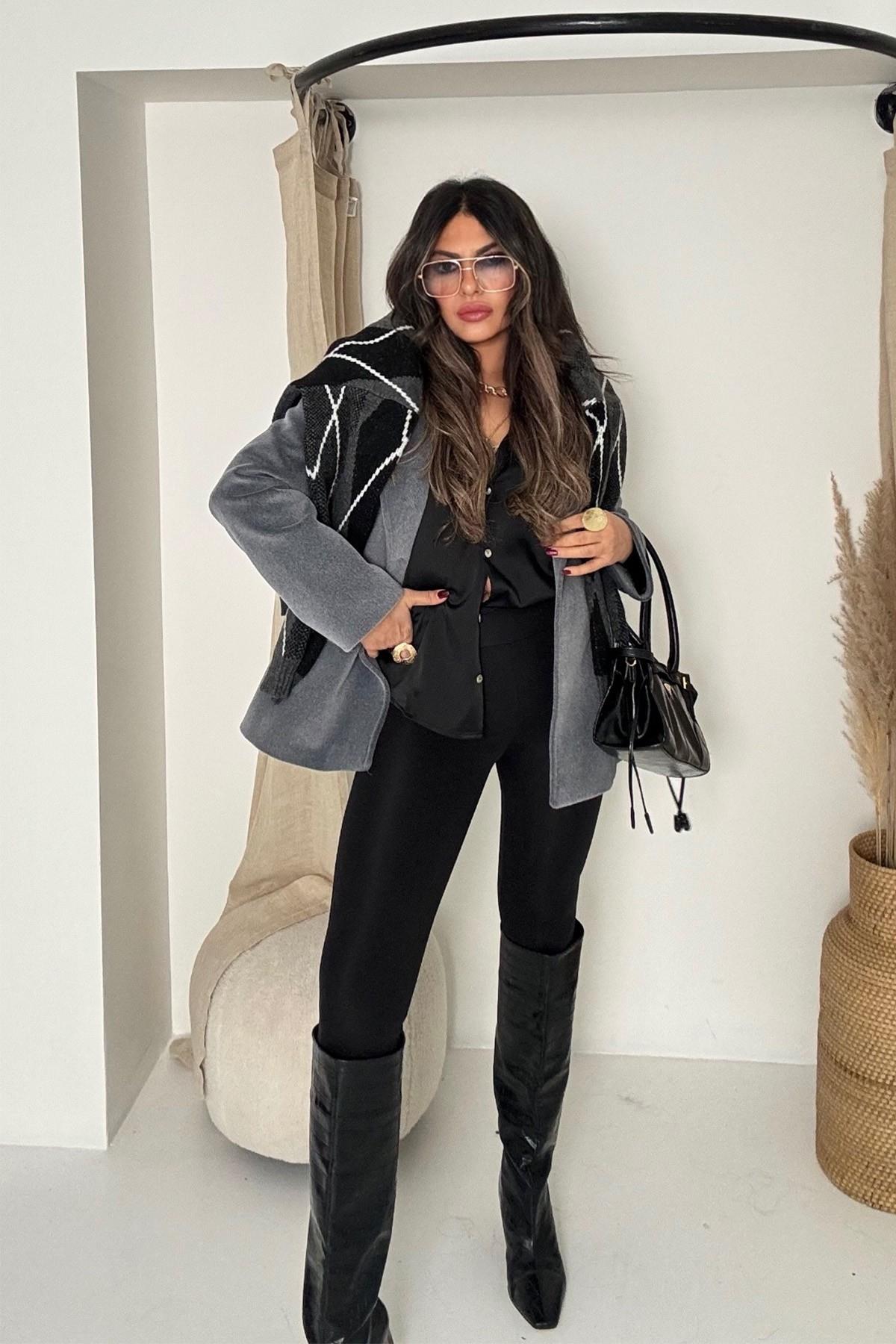 Tüylü Kaşe Blazer Ceket Füme
