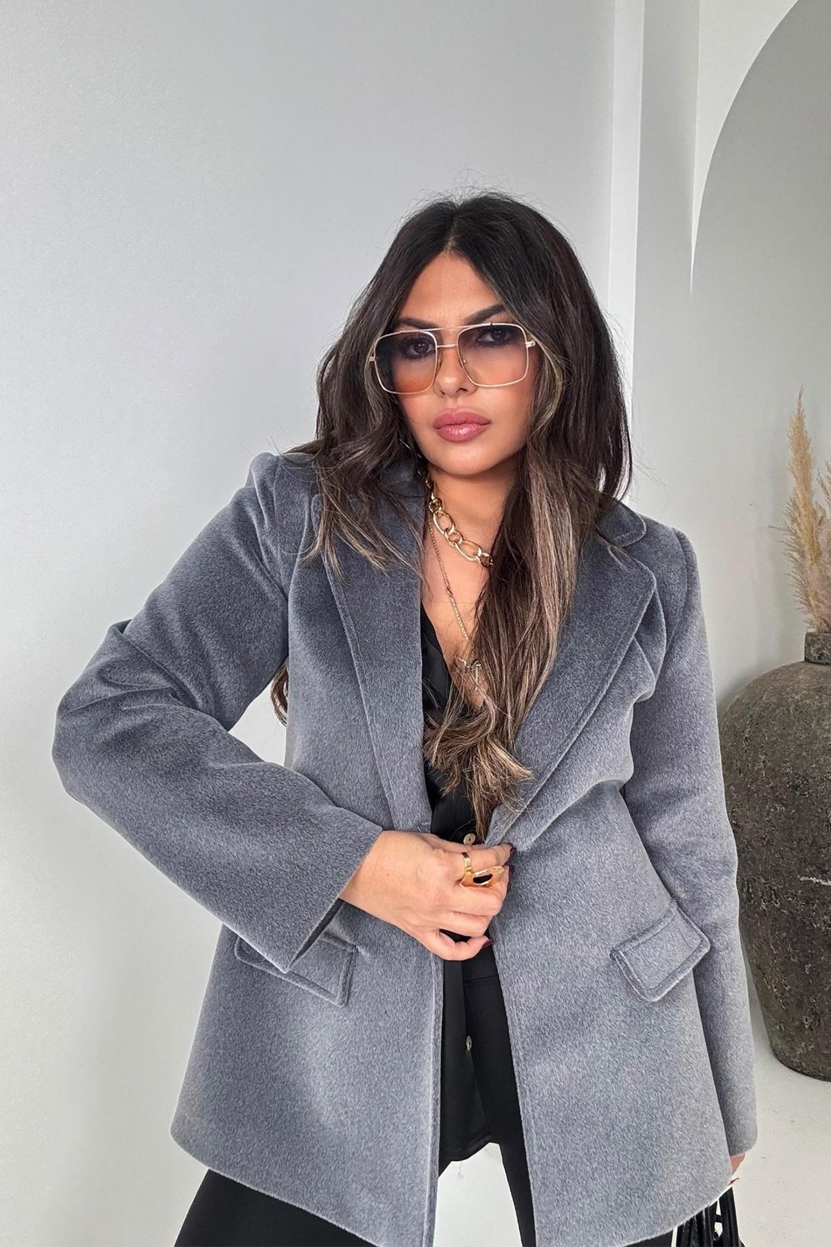 Tüylü Kaşe Blazer Ceket Füme