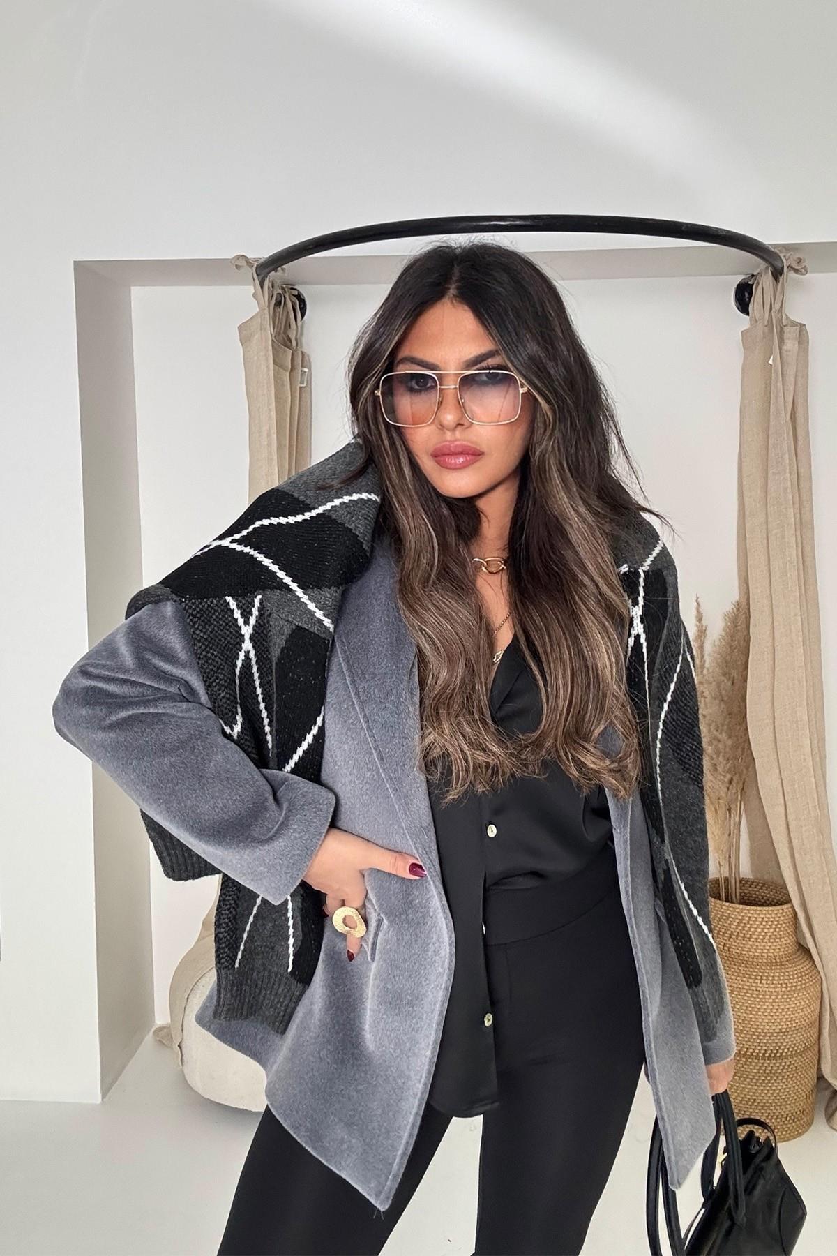 Tüylü Kaşe Blazer Ceket Füme