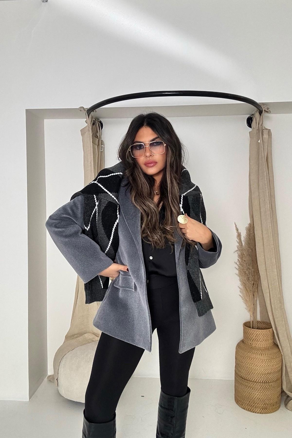 Tüylü Kaşe Blazer Ceket Füme