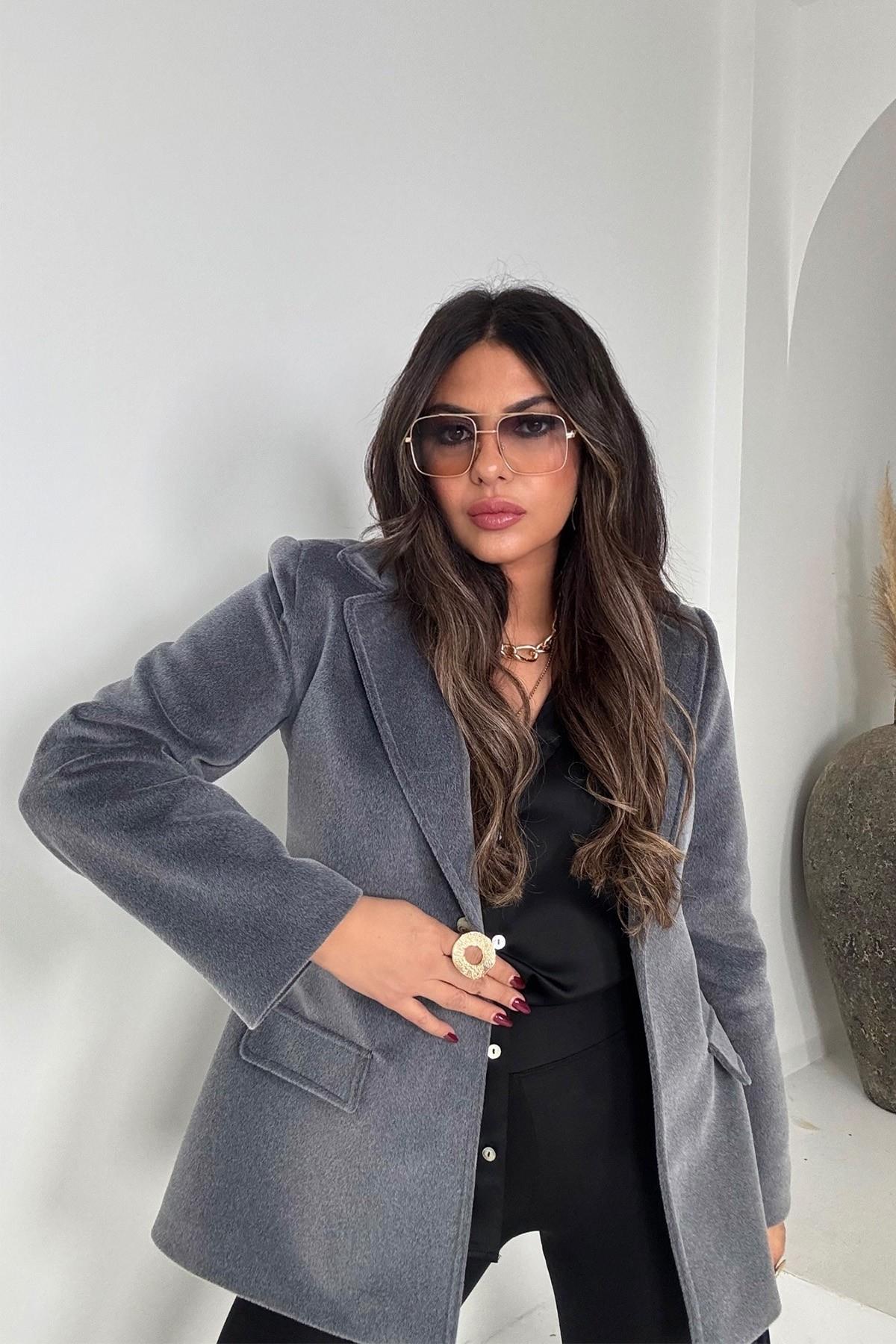 Tüylü Kaşe Blazer Ceket Füme