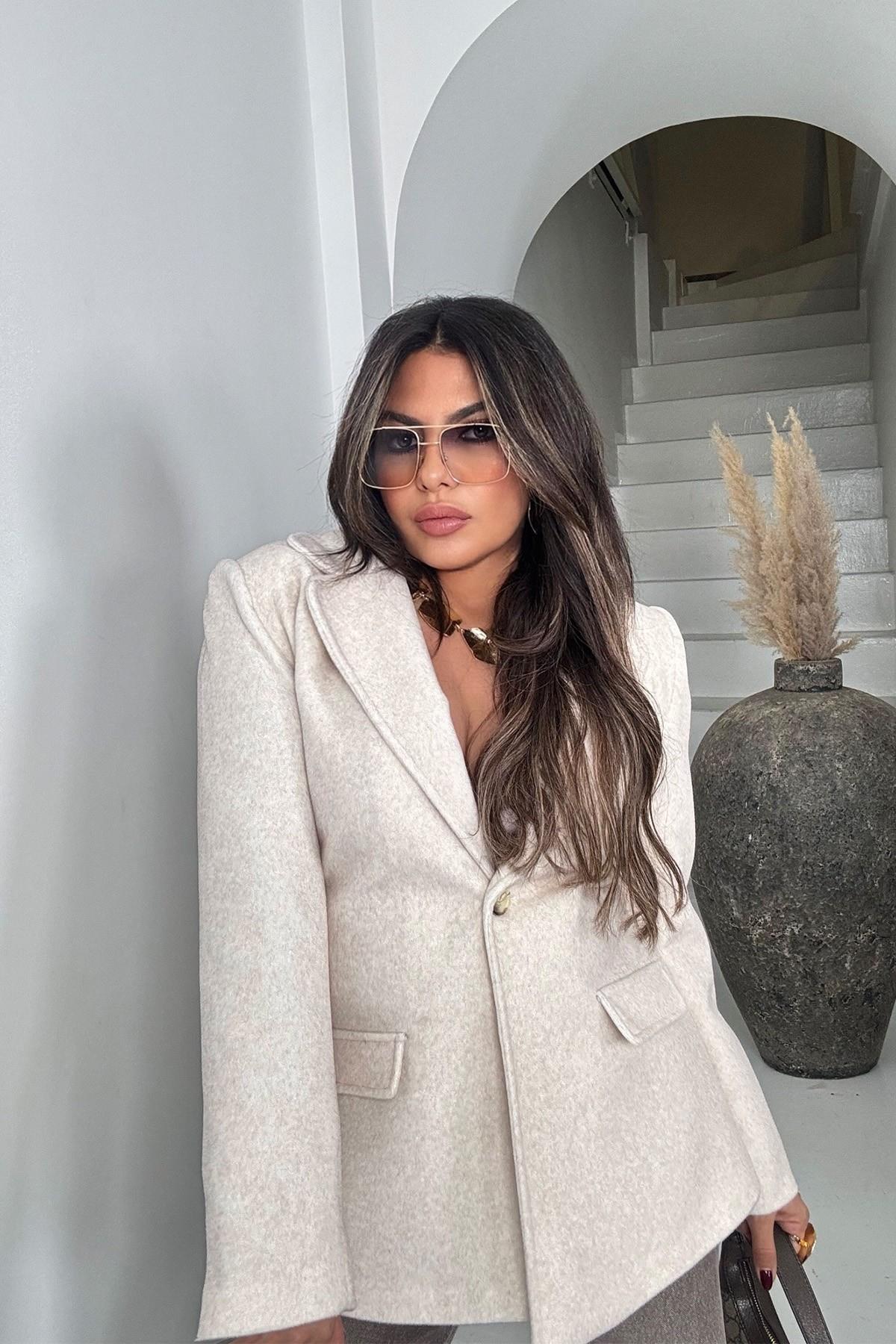 Tüylü Kaşe Blazer Ceket Taş
