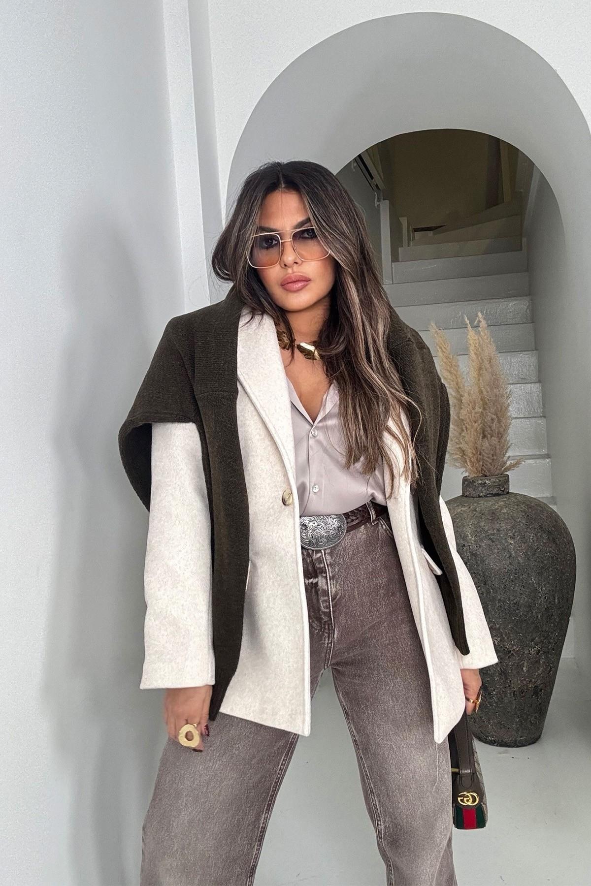 Tüylü Kaşe Blazer Ceket Taş