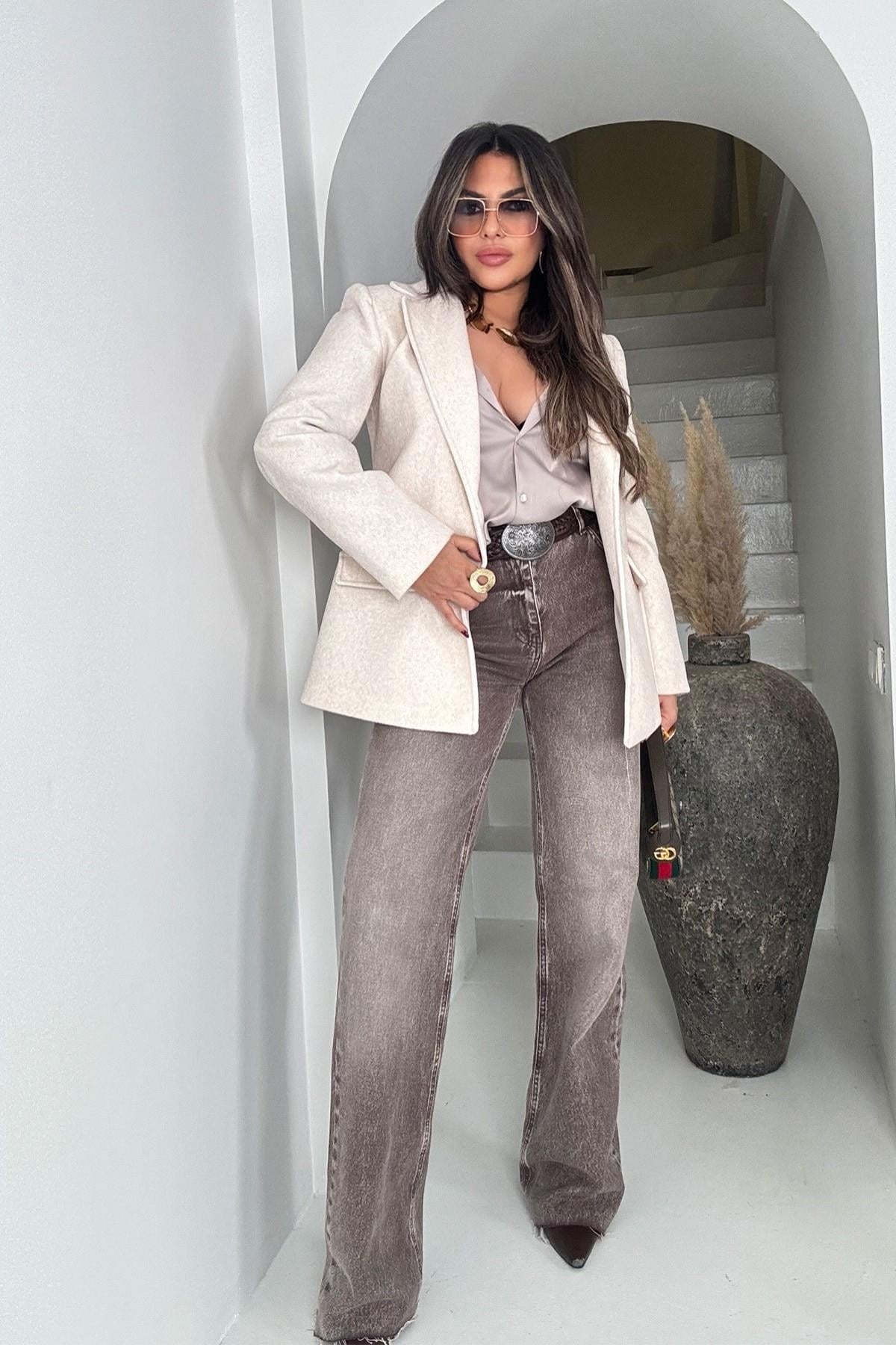 Tüylü Kaşe Blazer Ceket Taş