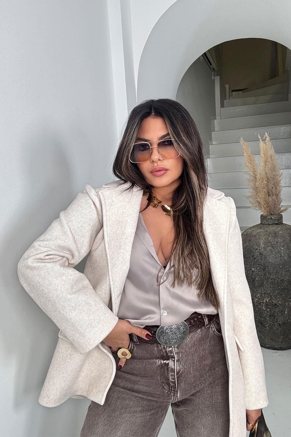 Tüylü Kaşe Blazer Ceket Taş