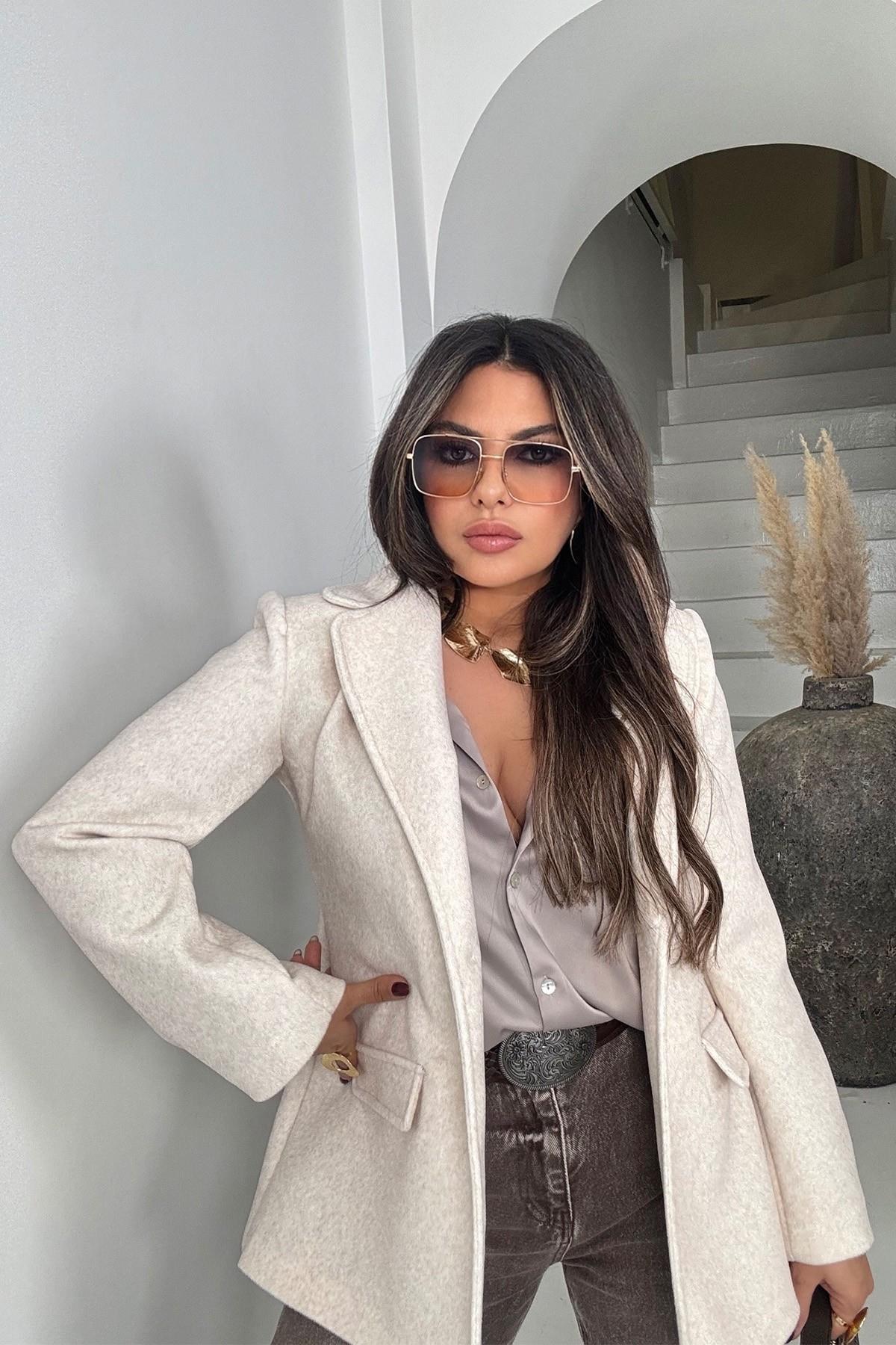 Tüylü Kaşe Blazer Ceket Taş