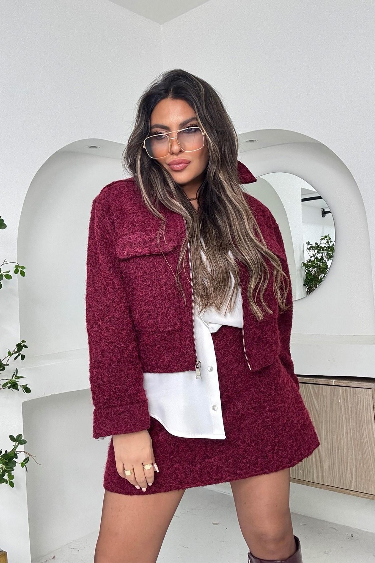 Tüylü Kaşe Ceket Etek Takım Bordo