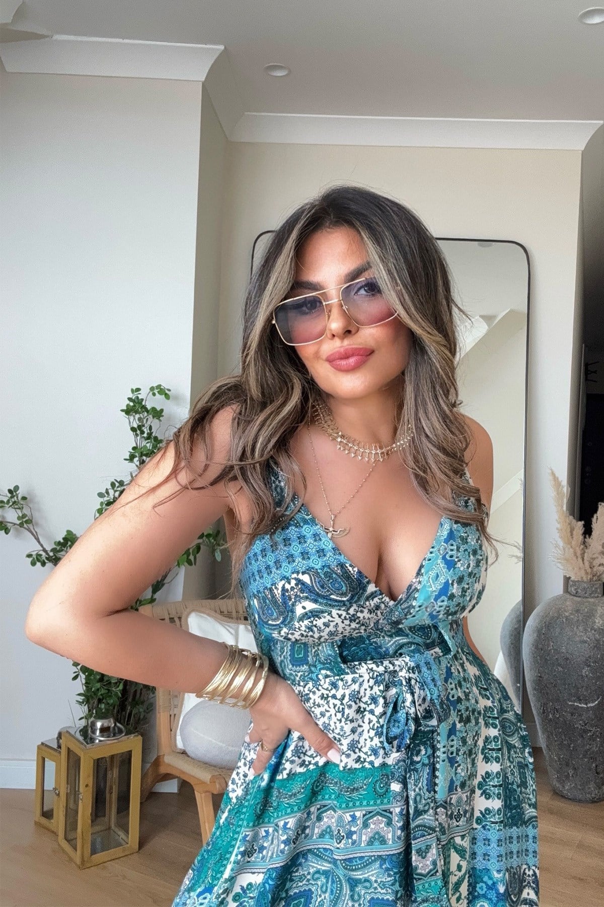 Üçgen Kup Detay Maxi Viskon Elbise Mavi